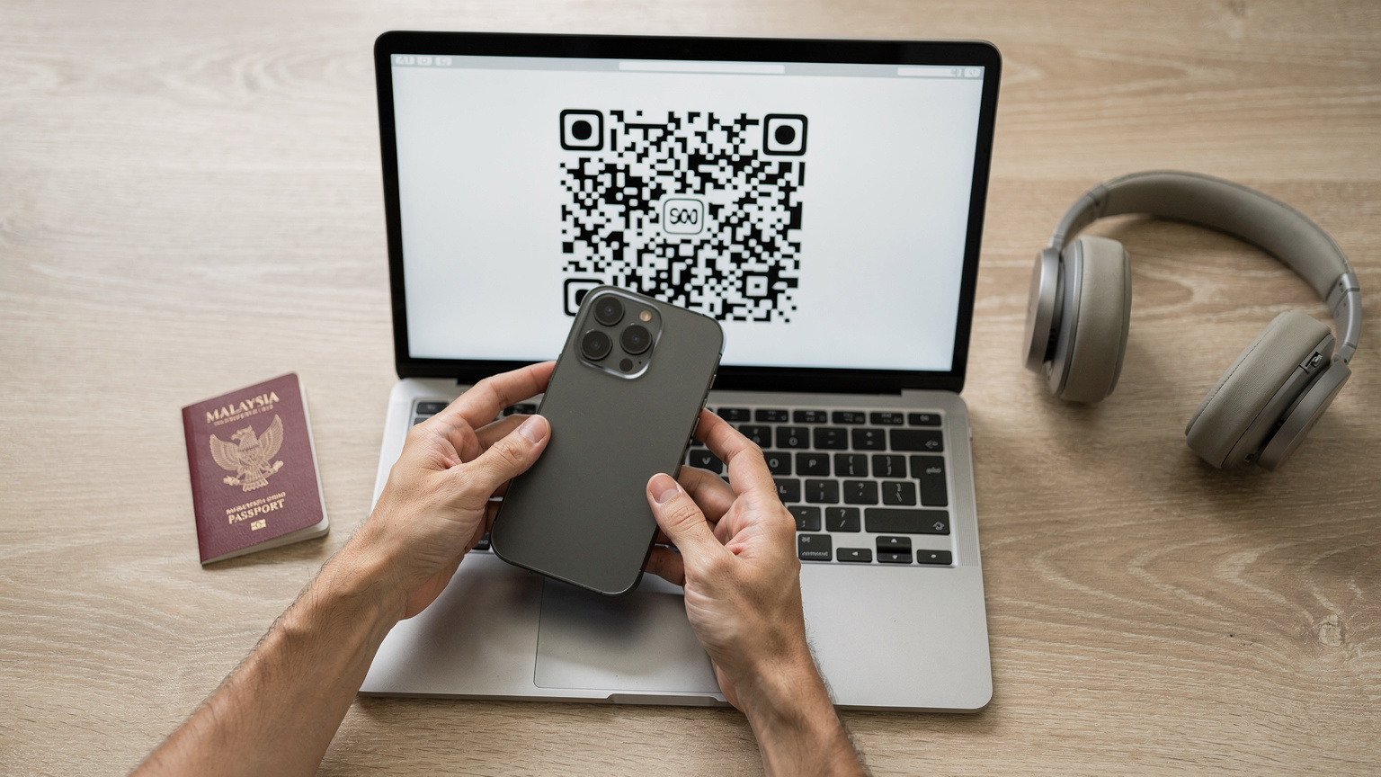 Tangan seseorang sedang memegang telefon pintar moden dan mengimbas kod QR eSIM dari skrin komputer riba, dengan pasport Malaysia diletakkan di atas meja.