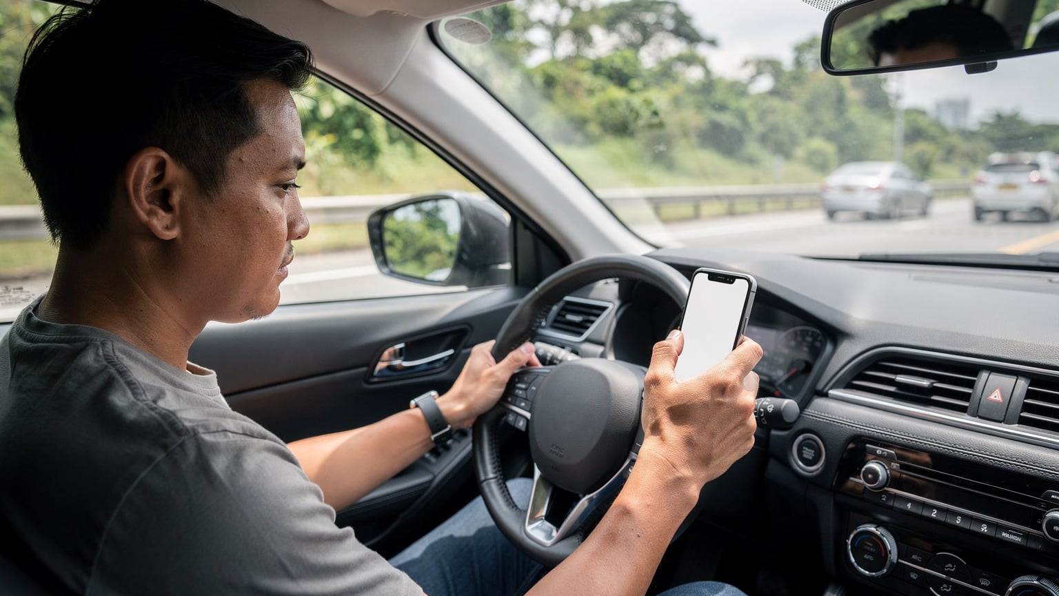 Seorang lelaki Malaysia sedang melihat peta di aplikasi navigasi di telefonnya sambil memandu di lebuh raya, menunjukkan penggunaan data untuk perjalanan.