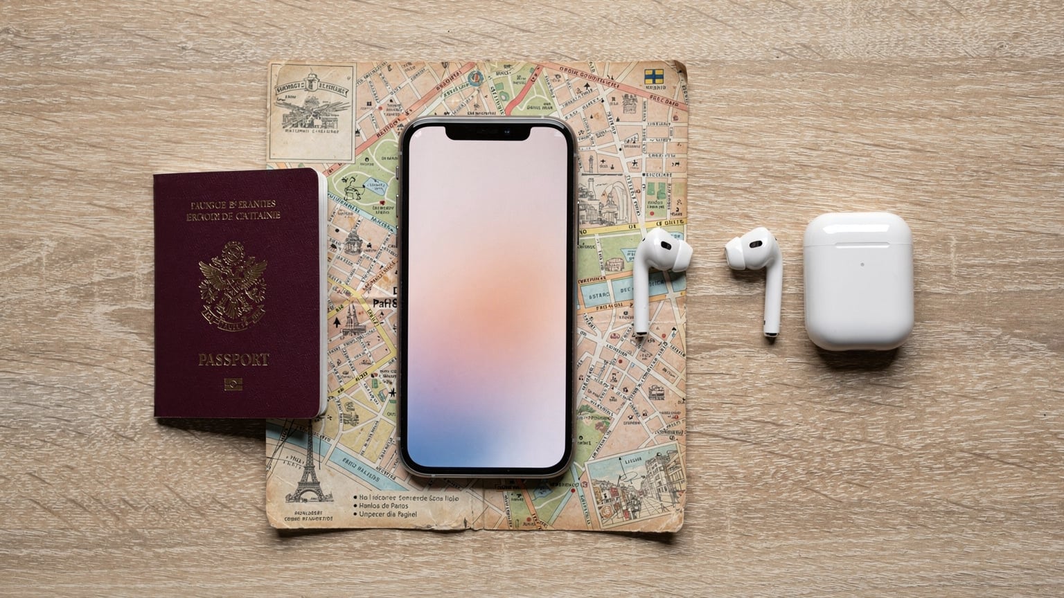 Un téléphone avec l'interface Cellesim affichant un forfait eSIM pour la France, posé sur une carte touristique de Paris, avec un passeport et des écouteurs en arrière-plan.