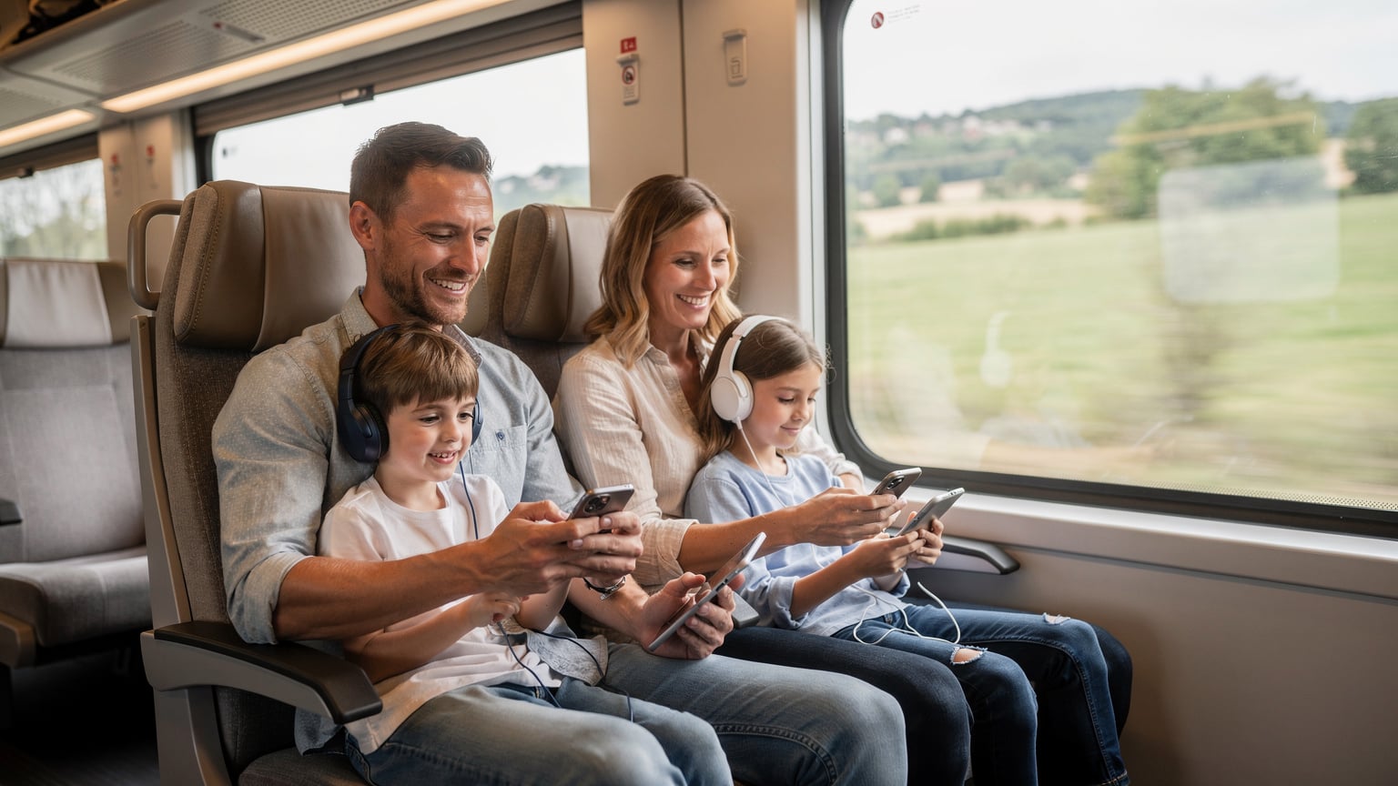 Une famille en voyage, les parents vérifient leurs eSIM sur leurs téléphones, tandis que les enfants jouent sur leurs tablettes, tous connectés et souriants.