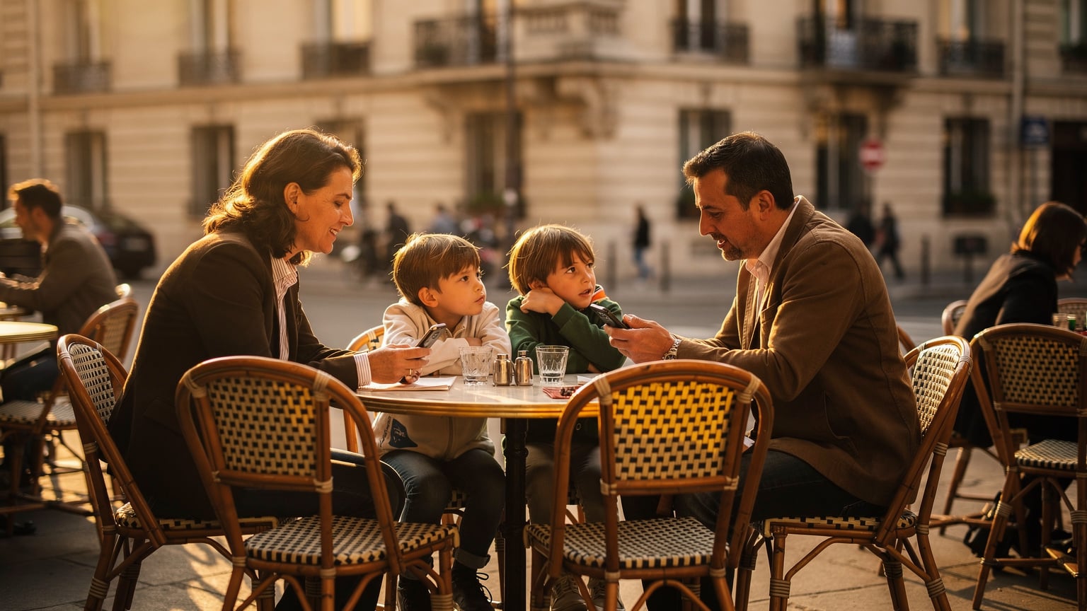 Une famille assise à une terrasse de café parisienne, les enfants regardent par la fenêtre tandis que les parents consultent leurs téléphones, l'atmosphère est détendue et connectée.