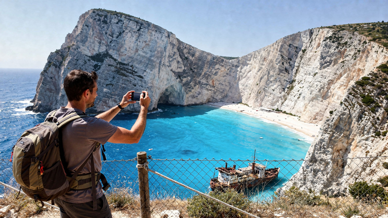 Ένας άντρας με σακίδιο πλάτης, στέκεται στην άκρη του γκρεμού με θέα την παραλία του Ναυαγίου στη Ζάκυνθο, κρατώντας το κινητό του και φωτογραφίζοντας το εκπληκτικό τοπίο.