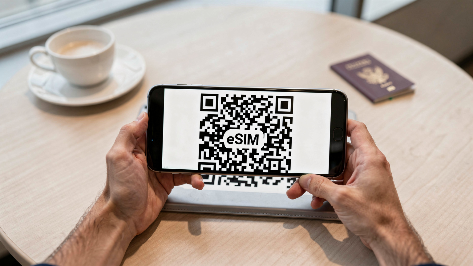 空港のカフェで、出発前にeSIMのQRコードをスキャンして設定を完了する旅行者の手元。
