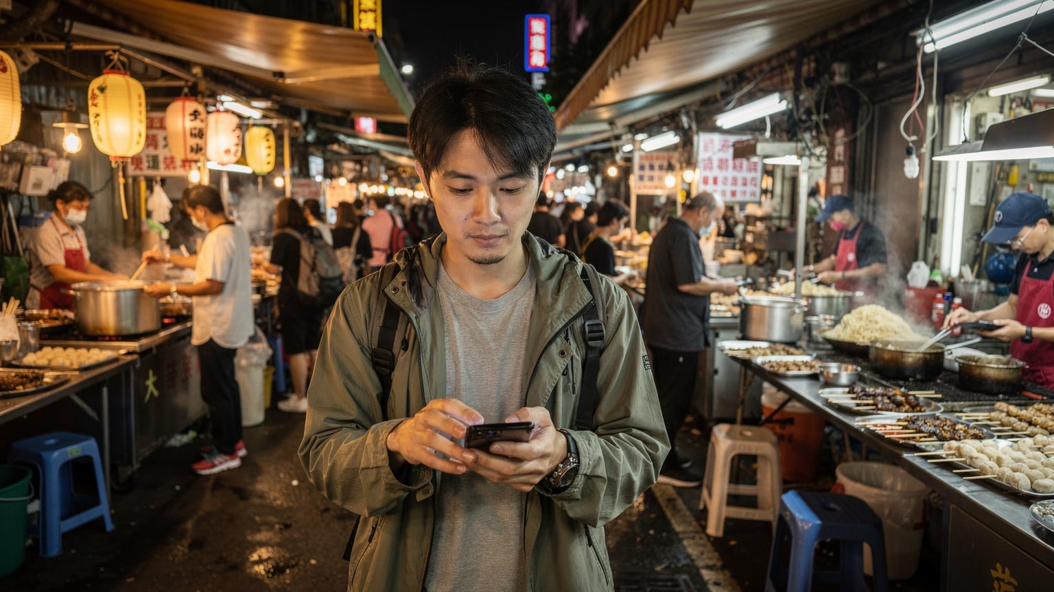 台湾の夜市で、eSIMを使いながら地図アプリを操作し、次の屋台を探す旅行者。