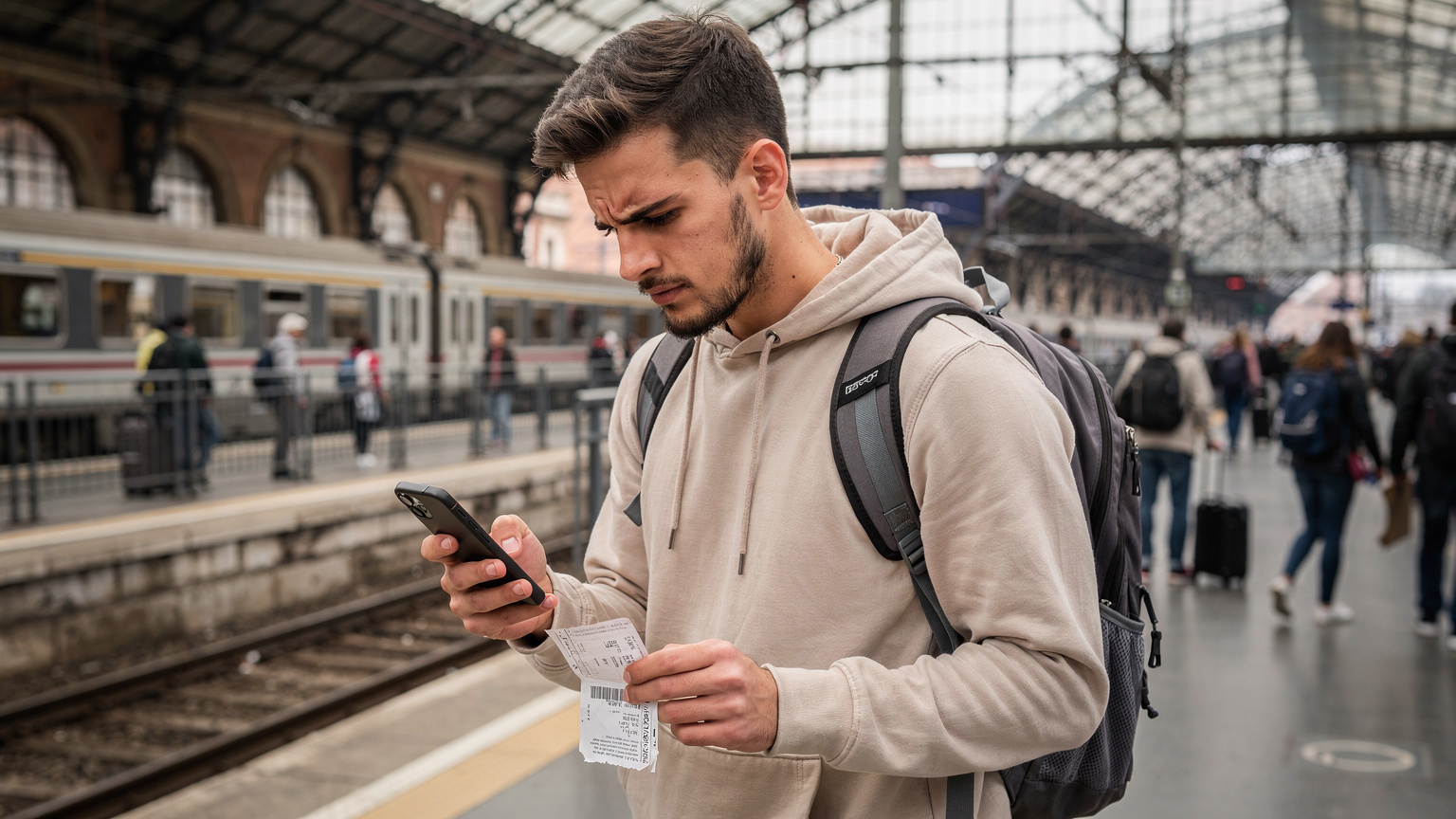 En ung rejsende med en rygsæk ser bekymret på sin smartphone, der viser 'Ingen tjeneste' på en europæisk togperron.