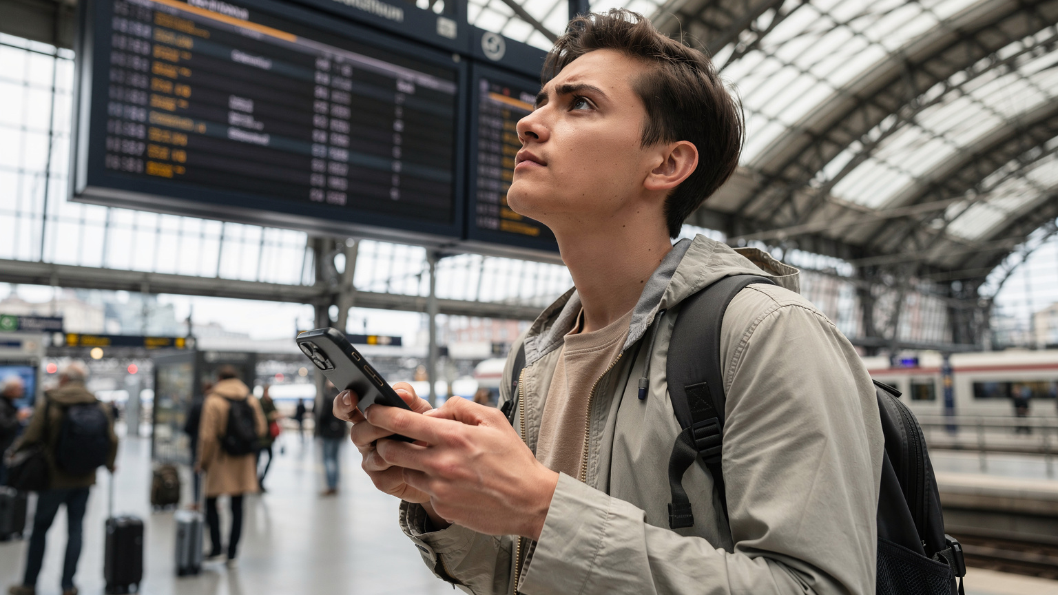 En rejsende tjekker sin smartphone på en travl europæisk togstation, med en stor digital oversigttavle i baggrunden, der viser togafgange.