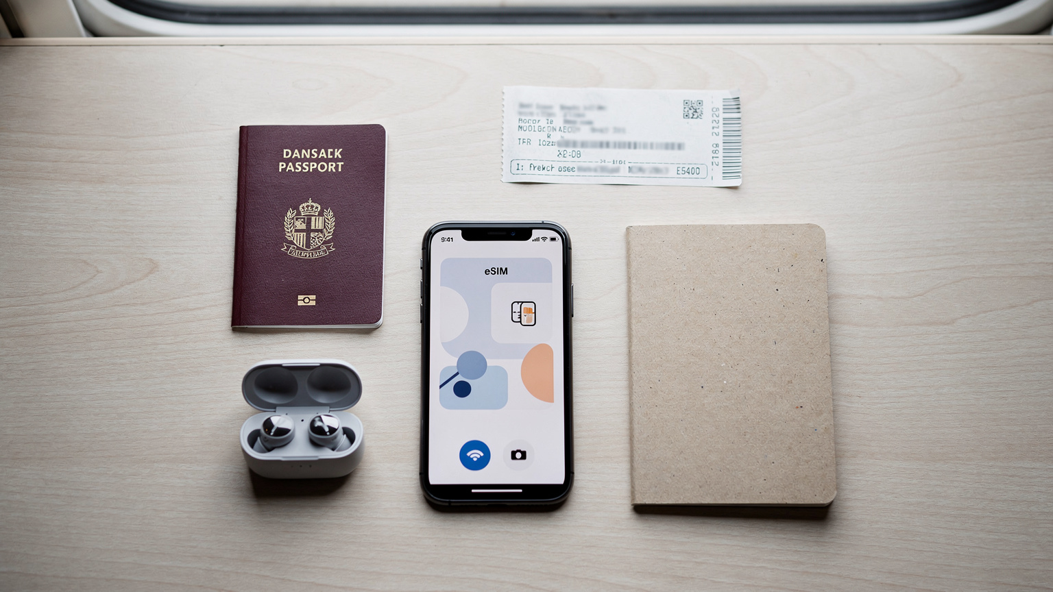 Et editorialt flat-lay billede af en rejsendes bord med en smartphone, pas, togbillet og høretelefoner.
