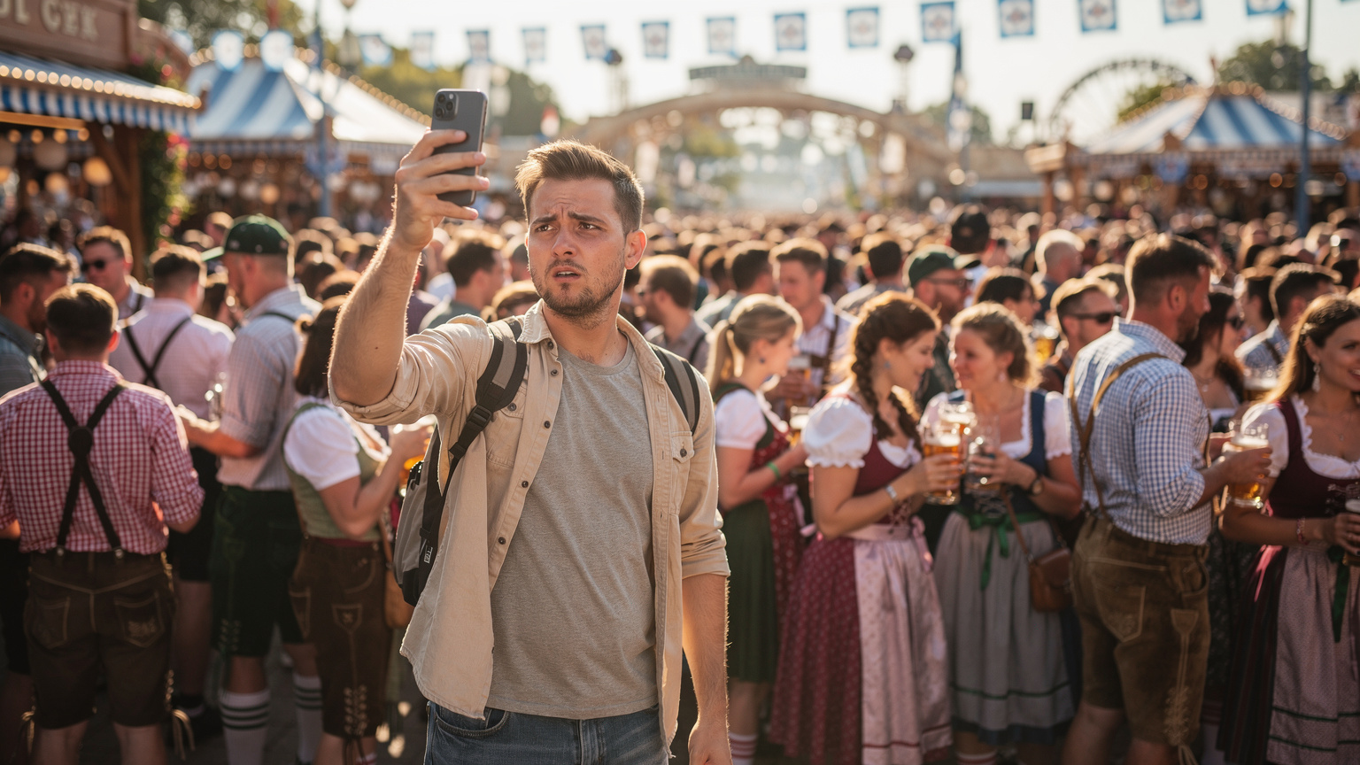 Eine Person blickt besorgt auf ihr Smartphone im Gedränge des Oktoberfestes, umgeben von anderen Besuchern, die ebenfalls ihre Handys nutzen.