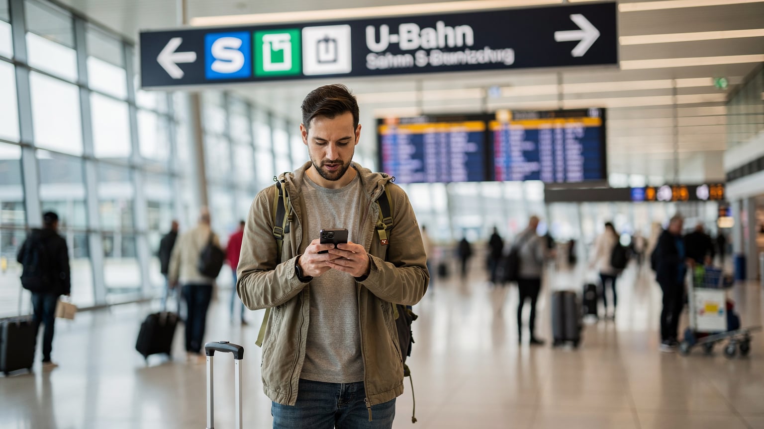 Ein Reisender bei der Ankunft am Münchner Flughafen, der seine eSIM am Handy einrichtet, während im Hintergrund das belebte Terminal zu sehen ist.