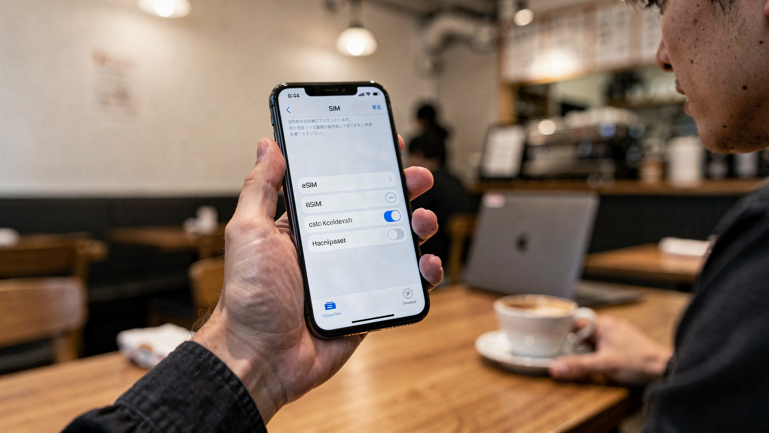 Tangan seorang pria sedang memegang ponsel dengan pengaturan jaringan terbuka, menunjukkan opsi pemilihan eSIM, di sebuah kafe modern di Shibuya, Tokyo.