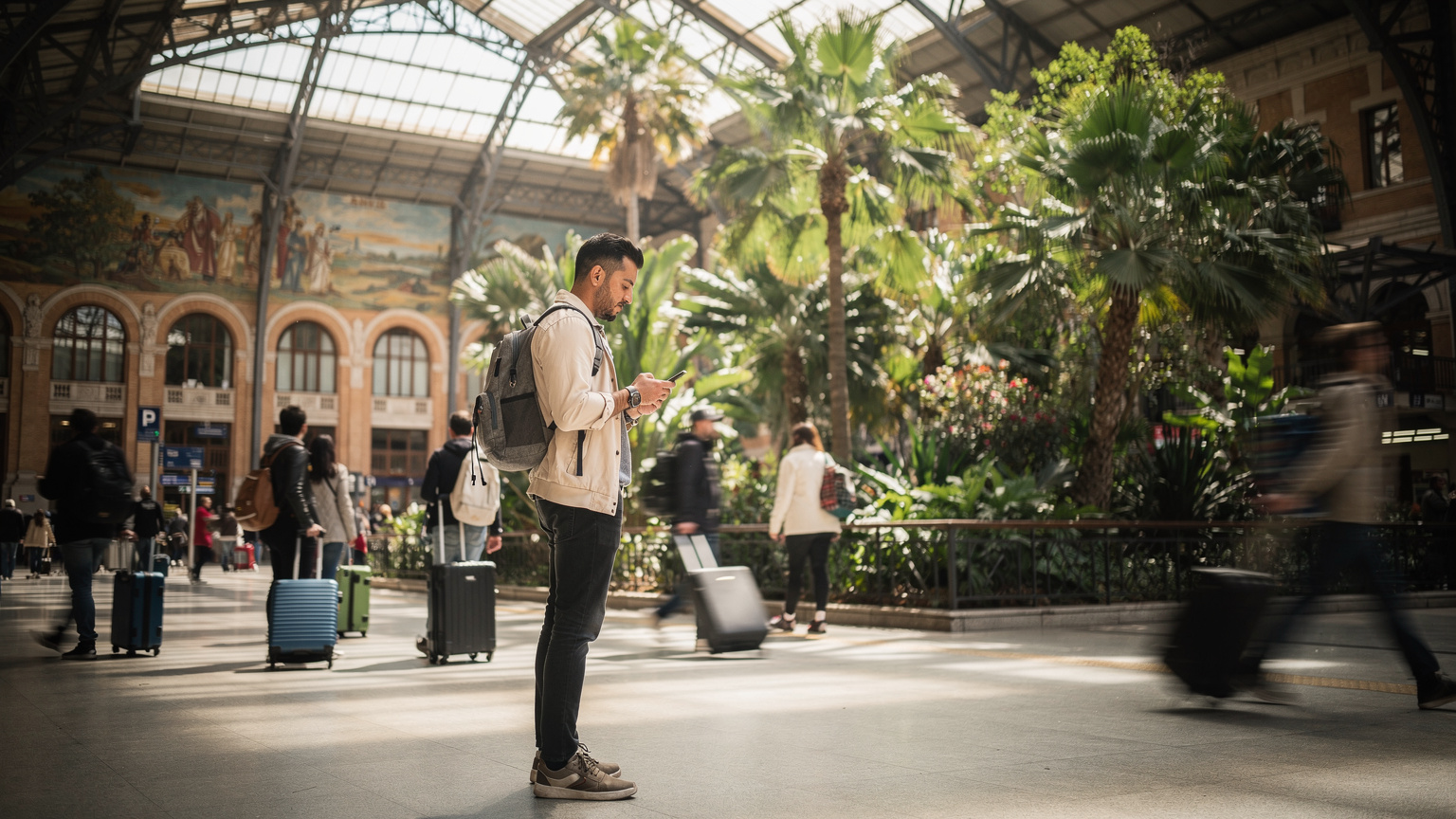 Un viajero consulta su smartphone en la estación de tren de Atocha, Madrid, con un mural modernista y gente pasando rápidamente, evocando el dinamismo de un viaje en tren por España.