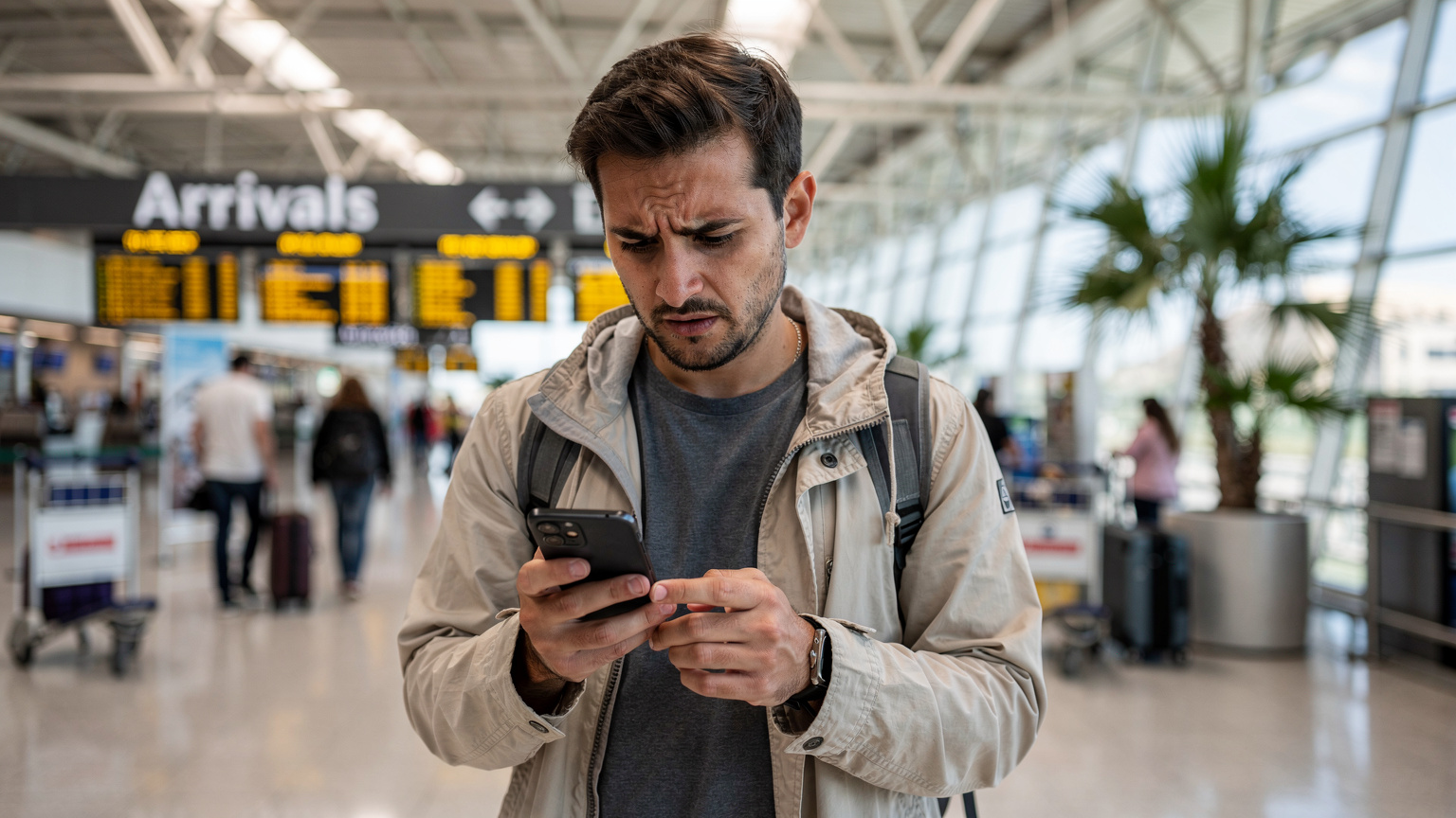 Un turista frustrado revisa su smartphone con una expresión de preocupación, de pie en la zona de llegadas del Aeropuerto de Málaga-Costa del Sol, con el fondo desenfocado de otros viajeros y paneles informativos.