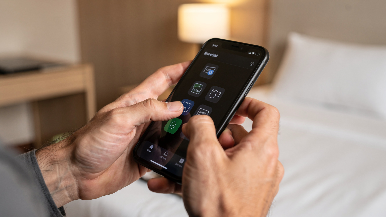 Una persona utiliza sus manos para interactuar con la pantalla táctil de un smartphone, mostrando la interfaz de ajustes de una eSIM en un entorno limpio y minimalista, con la luz tenue de una habitación de hotel al fondo.