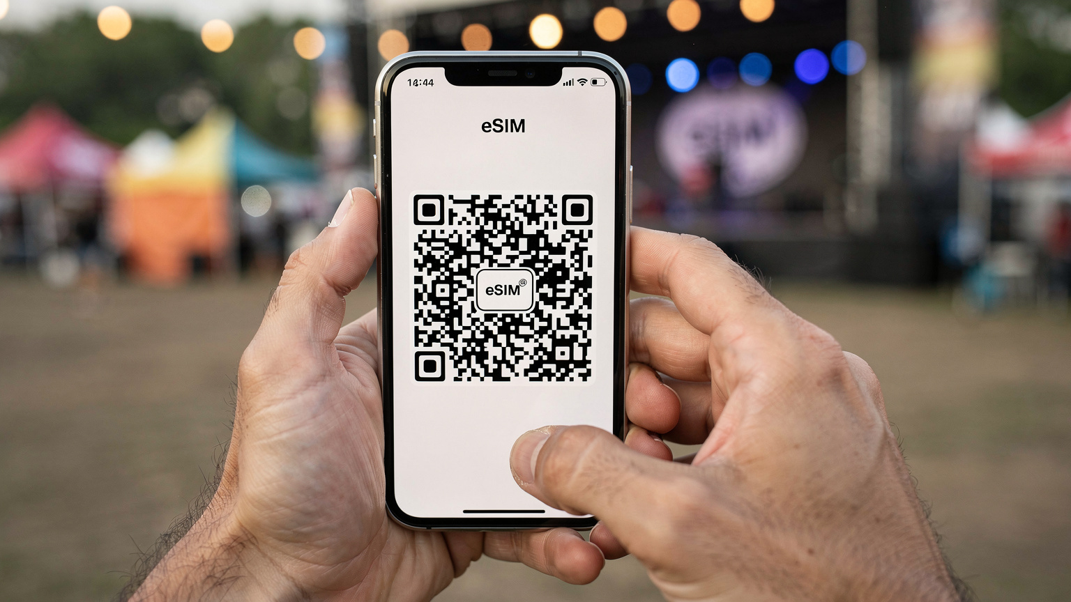 Un gros plan sur des mains masculines tenant un iPhone affichant un QR code pour l'installation d'une eSIM, avec un doigt tapant l'écran pour confirmer, sur fond flou d'un décor de festival en plein air.