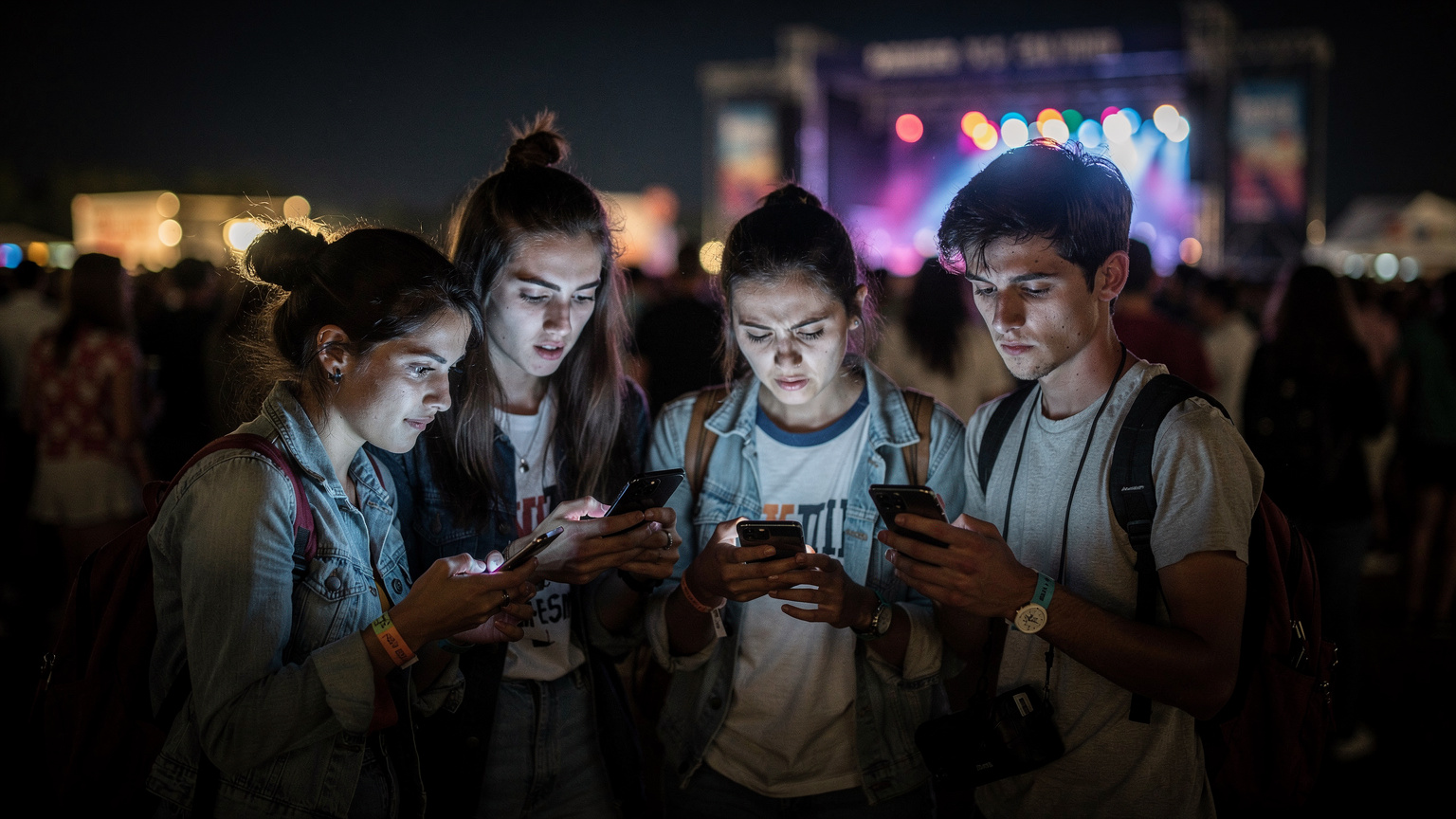 Un groupe de jeunes festivaliers frustrés regardent leurs smartphones sans signal réseau, leurs visages éclairés par les écrans dans l'obscurité d'un festival bondé en France.