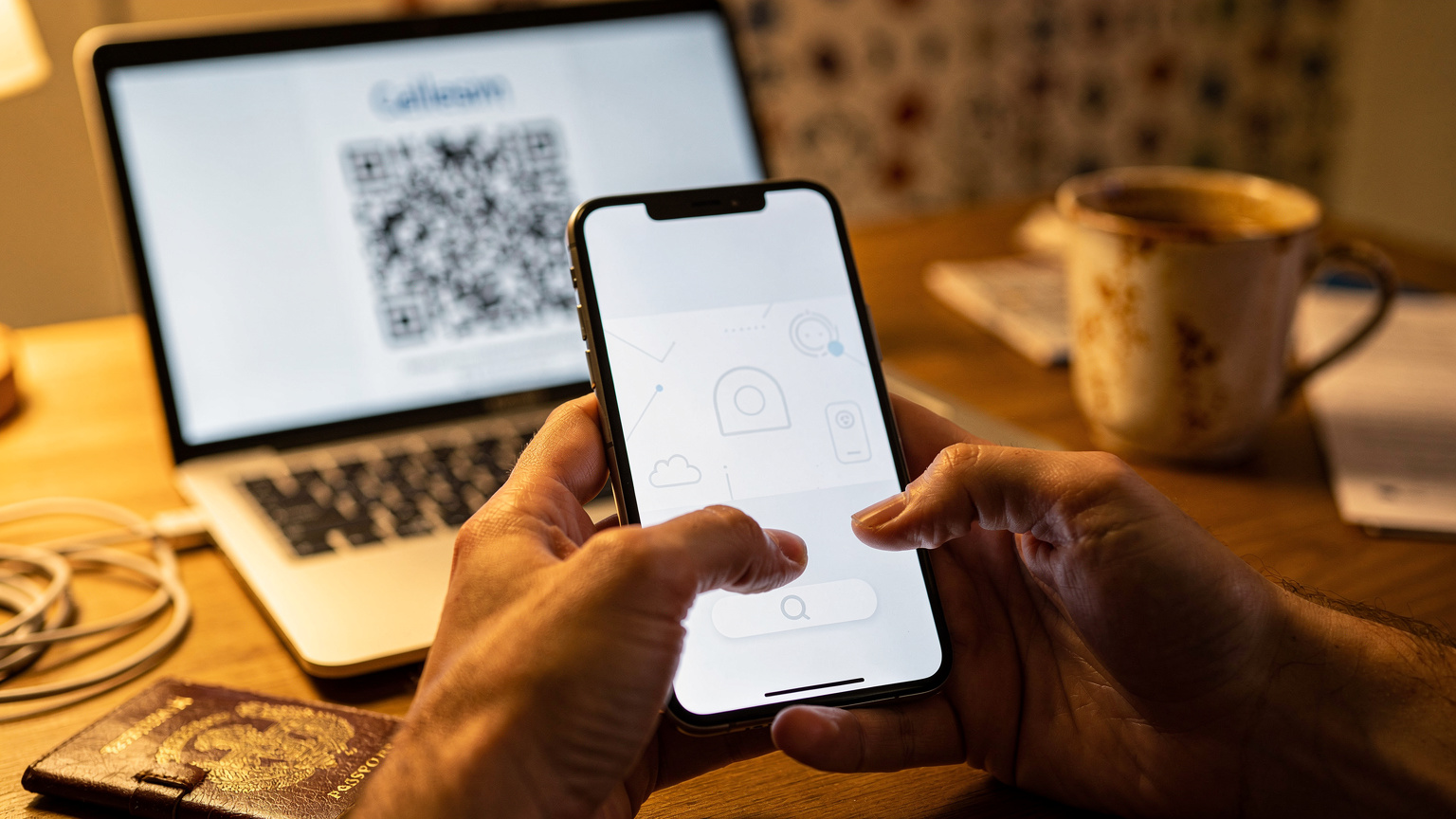 एक व्यक्ति अपने स्मार्टफोन की सेटिंग्स में eSIM सक्रियण QR कोड स्कैन कर रहा है, उसकी उंगलियां स्क्रीन पर हैं.