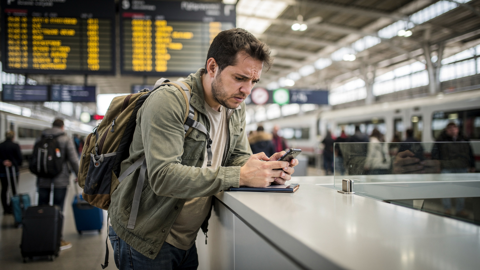 Ein Reisender steht an einem Ticketschalter am Bahnhof Roma Termini und schaut mit besorgter Miene auf sein Smartphone, während er versucht, eine Verbindung herzustellen, im Hintergrund die Menschenmenge des Bahnhofs.