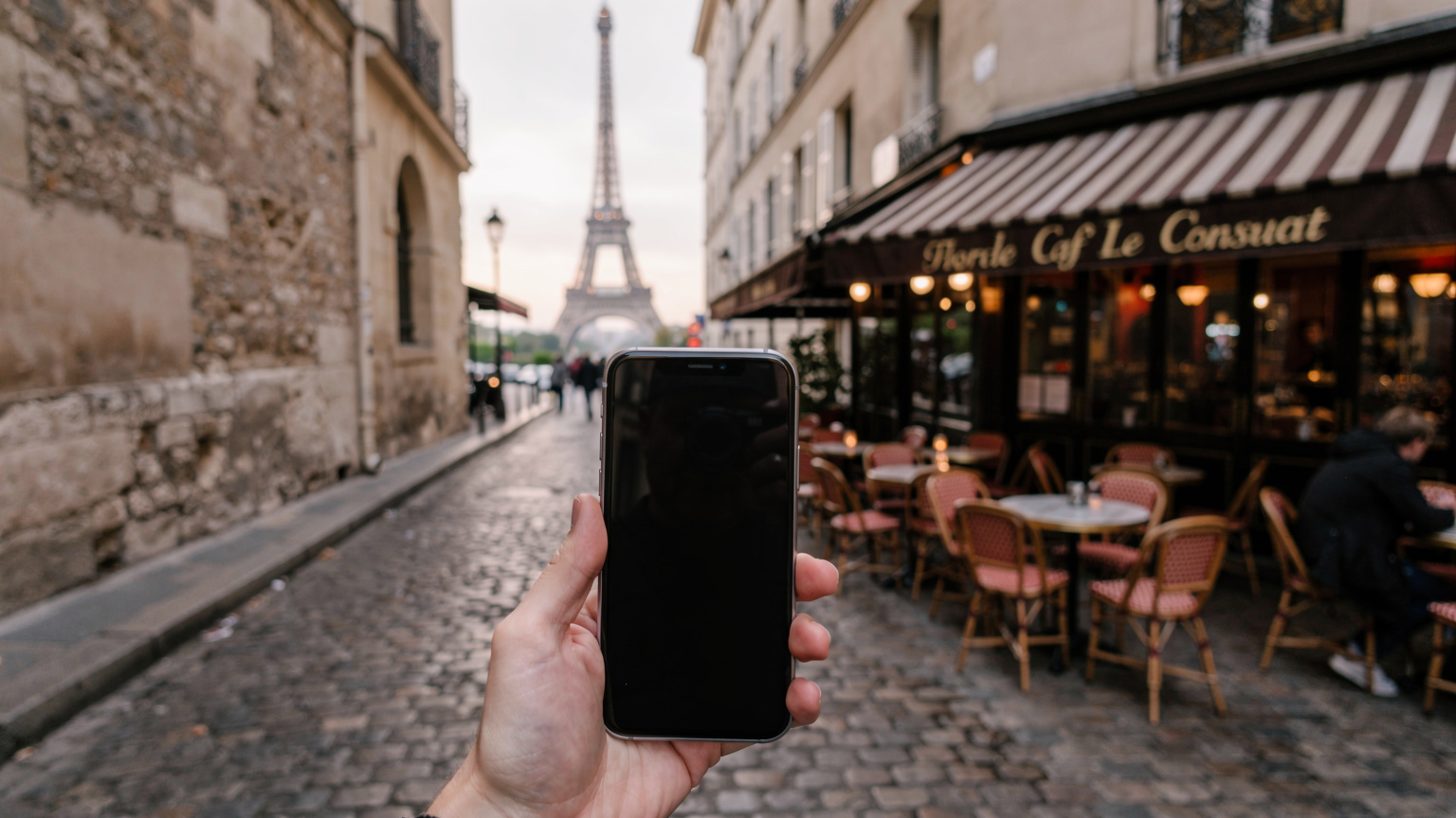 Ein Reisender hält sein Smartphone mit einer geöffneten Karten-App in der Hand, während er auf einer belebten Straße in Paris nach dem Weg sucht, im Hintergrund ein typisches Pariser Café und Eiffelturm-Blicke.