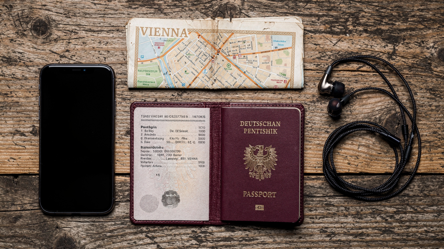 Ein sorgfältig arrangiertes Overhead-Flat-Lay auf einem Holztisch, das ein Smartphone, einen offenen deutschen Reisepass, In-Ear-Kopfhörer und einen kleinen, gefalteten Stadtplan von Wien zeigt.