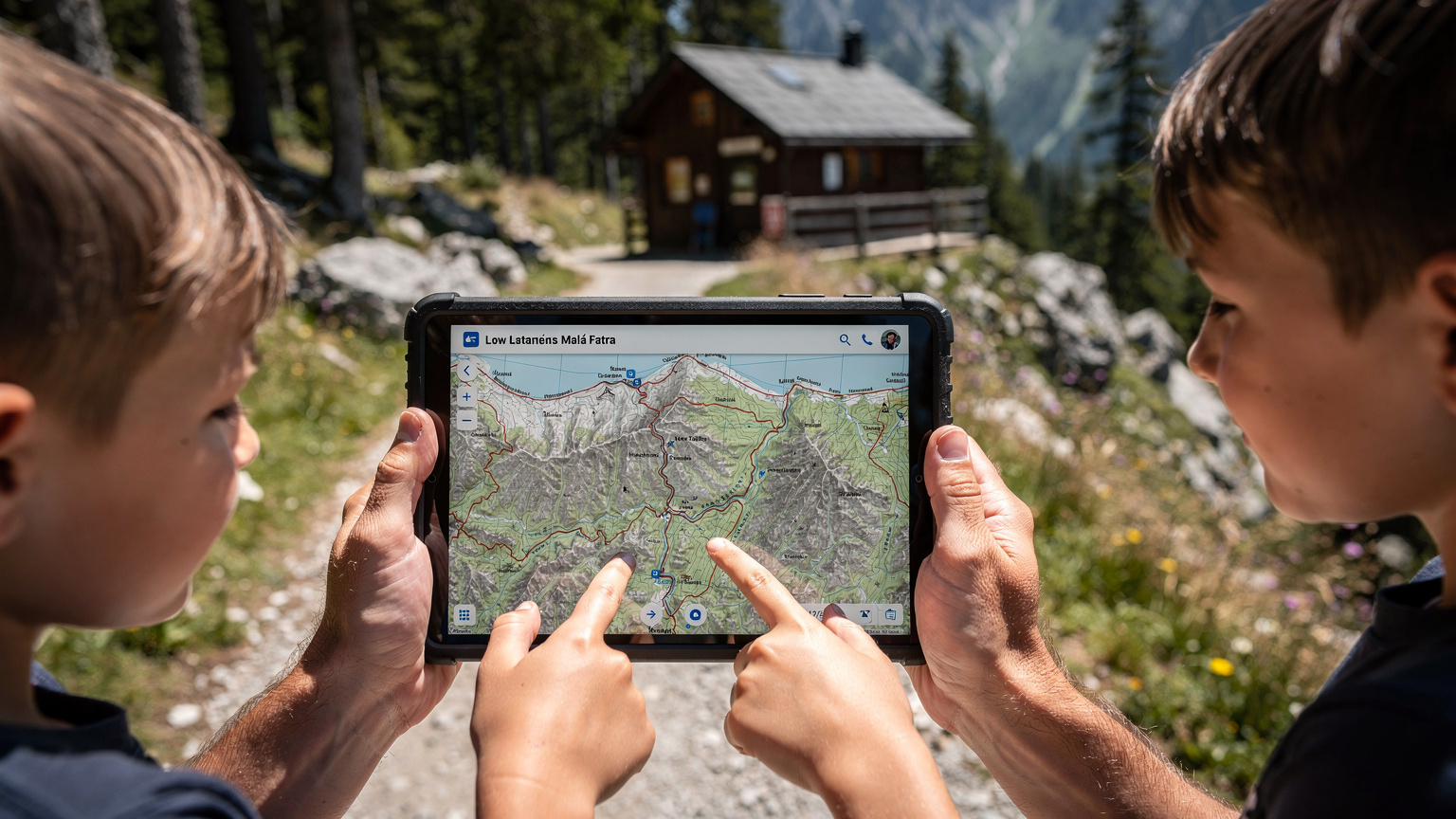 Rodič drží tablet s offline mapami Slovenska, zatímco děti ukazují na trasu na mapě v horském prostředí s dřevěnou chatou v pozadí.