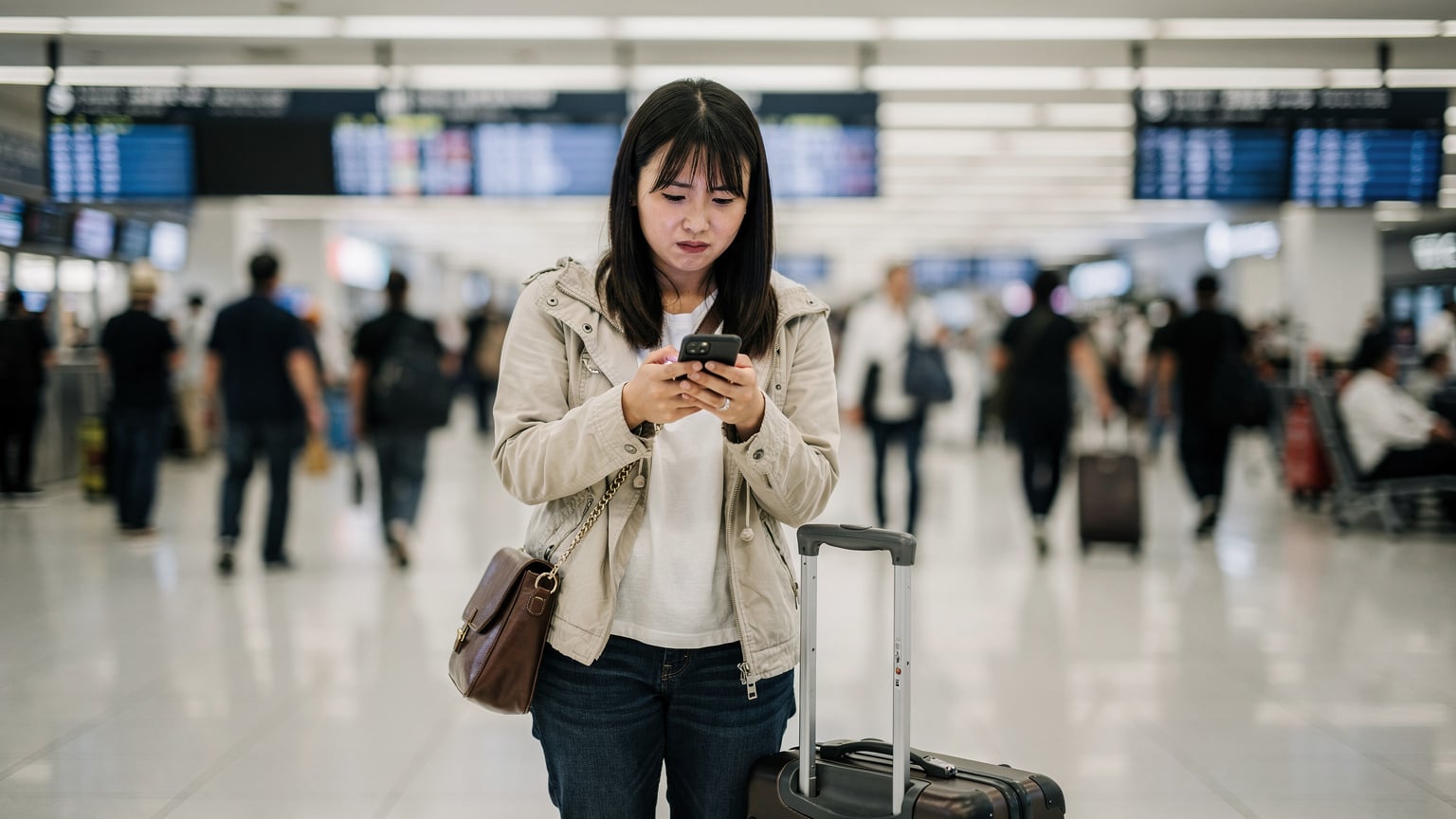 成田空港の出発ロビーで、スーツケースの隣で困惑した表情でスマートフォンを見つめる日本人女性。