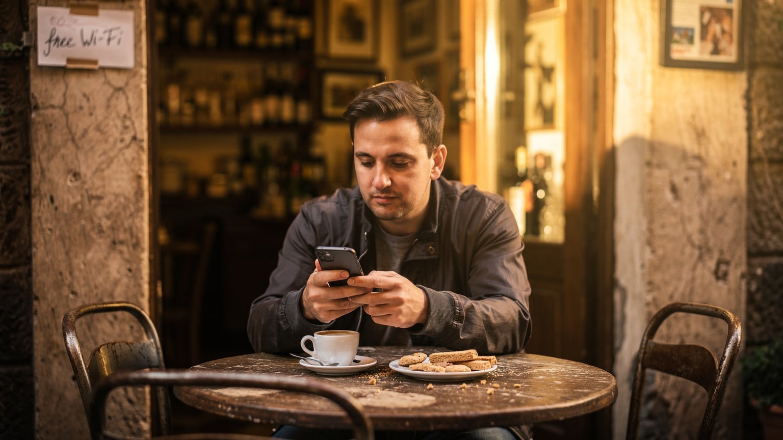 イタリアの小さなカフェでエスプレッソを飲みながら無料Wi-Fiのパスワードをスマホで確認する旅行者。