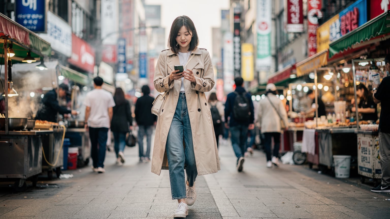 ソウルの明洞で、スマートフォンの地図アプリを見ながら活気ある通りを歩く日本人旅行者。