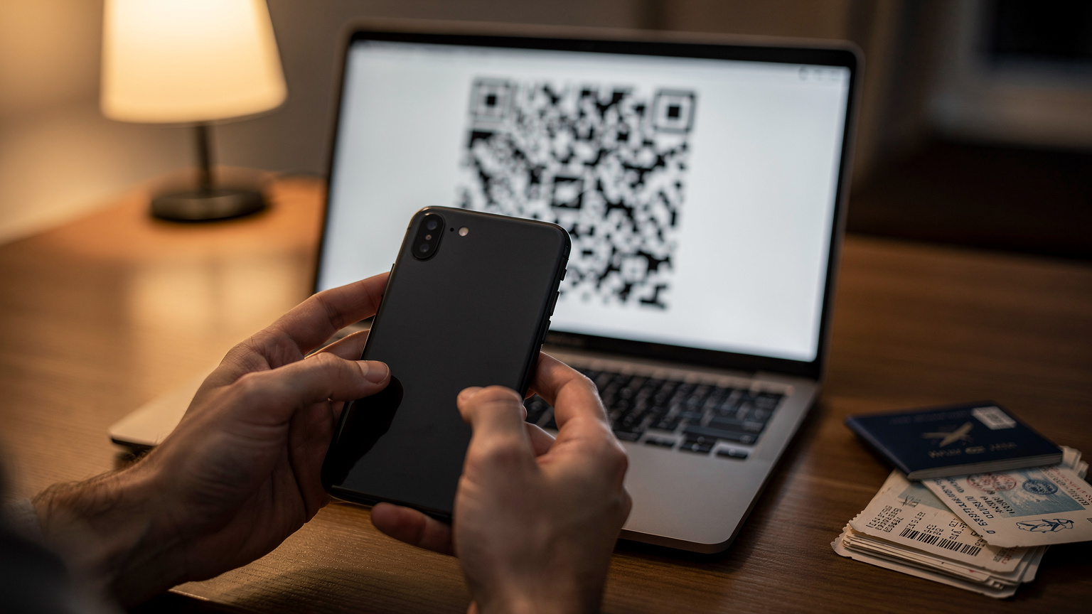 A person's hands holding a modern smartphone, carefully scanning a QR code displayed on a laptop screen for eSIM activation, with a blurred background showing a passport and some travel documents on a desk.