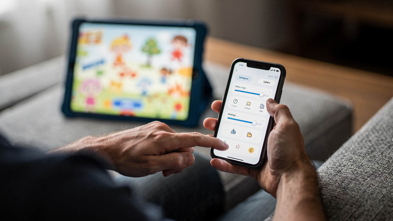 A parent's hands on a smartphone, navigating through a mobile operating system's settings for parental controls or data usage, with a child's tablet screen visible but blurred in the background, showing a children's app.