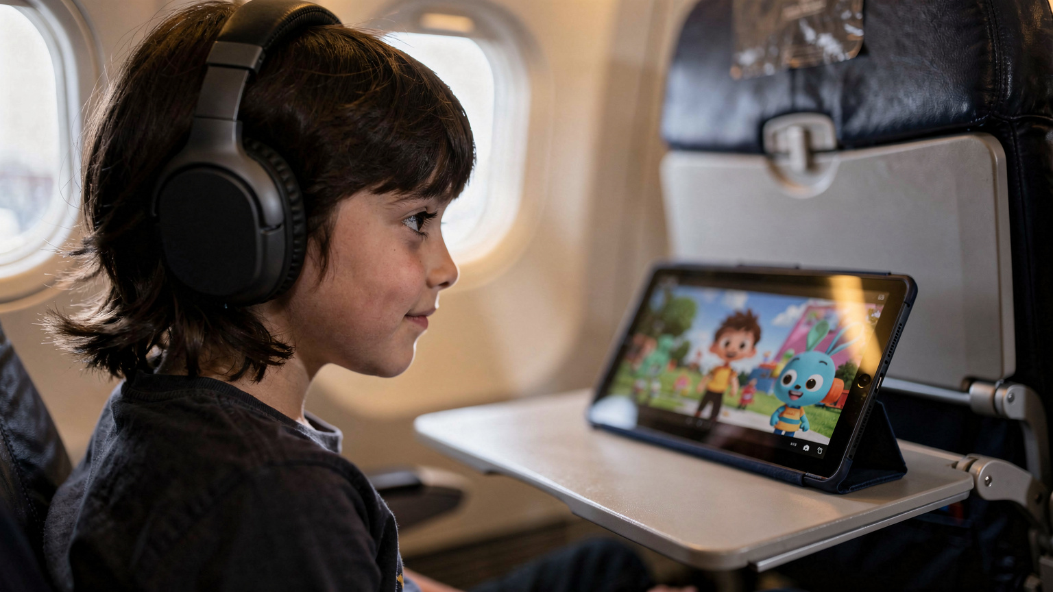 A child focused intently on a tablet screen, wearing over-ear travel headphones, with a downloaded animated movie playing, while sitting comfortably in an airplane seat. The scene is calm and depicts quiet entertainment.