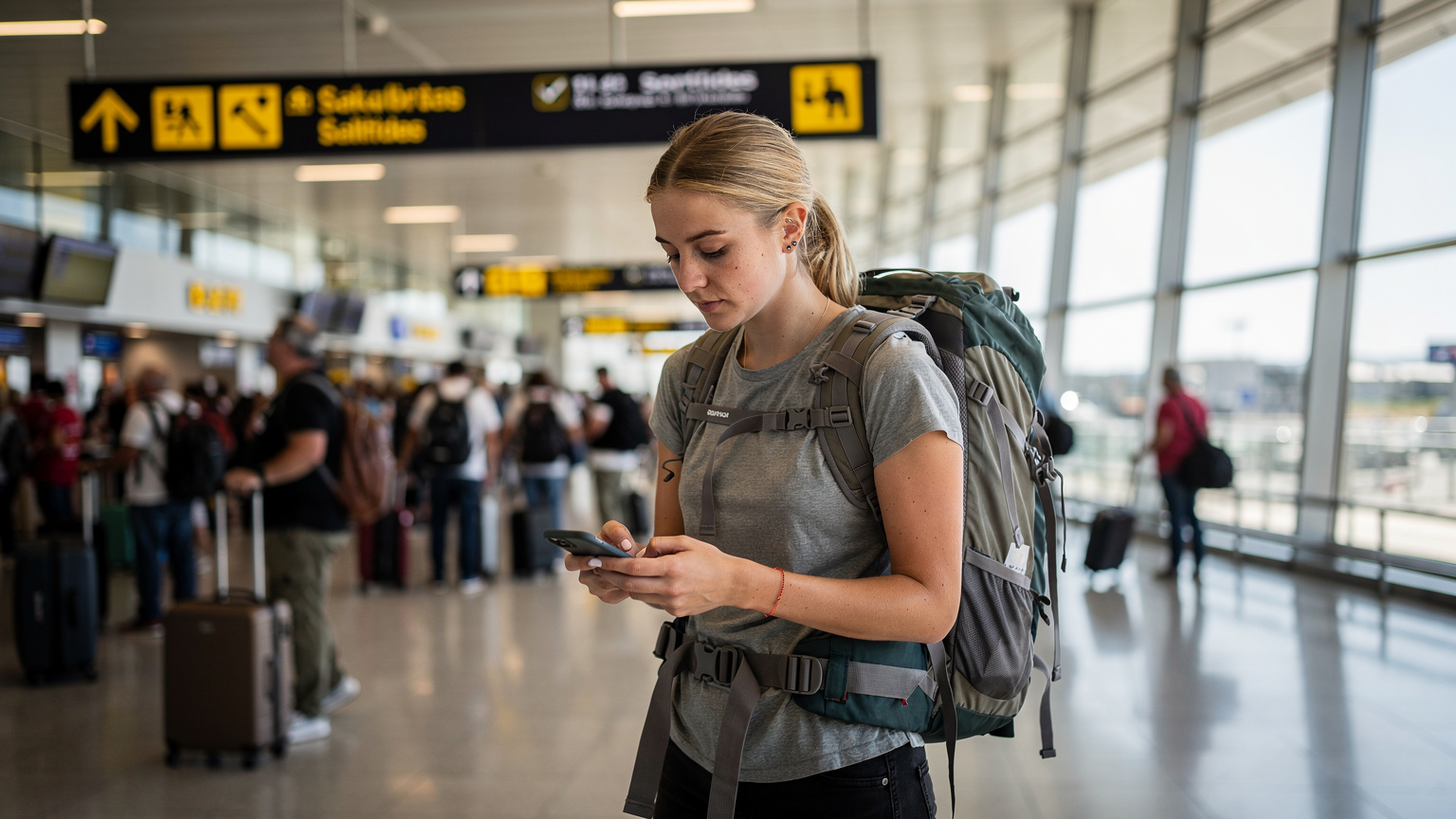 En ung norsk kvinne navigerer flyplassen i Barcelona med smarttelefonen sin i hånden, sjekker ankomsttider og kart, mens en ryggsekk ligger ved føttene hennes.