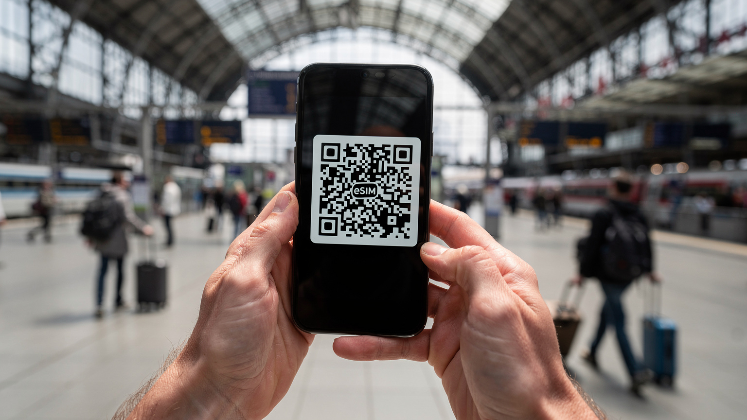 En persons hender holder en smarttelefon som viser en QR-kode for eSIM-aktivering, med en travel europeisk togstasjon, muligens Berlin Hauptbahnhof, i bakgrunnen.