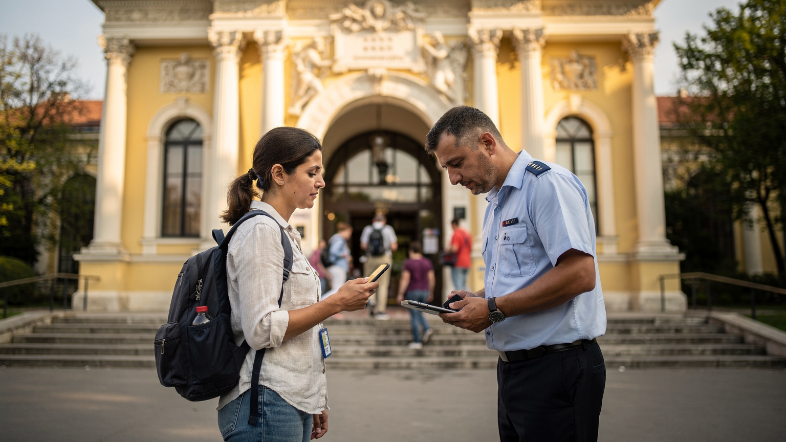 Budapeşte'deki Széchenyi Termal Hamamı'nın girişinde, bir Türk gezgin, telefonundan online biletini göstererek içeri girmeye hazırlanıyor.