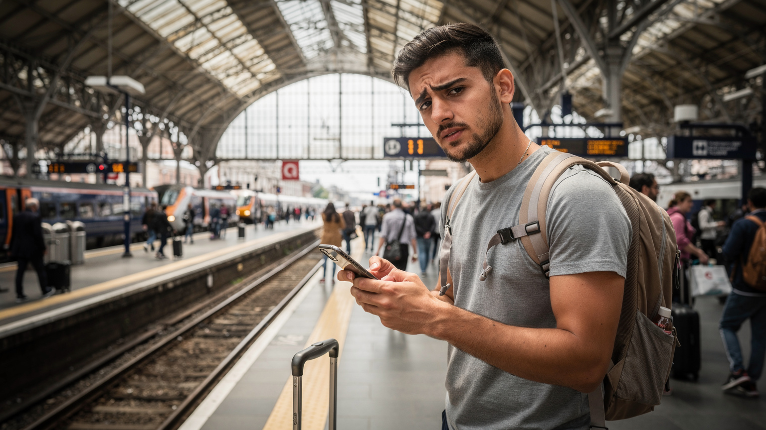 Londra'da bir tren istasyonunda (örneğin King's Cross), bir Türk genci elinde telefonla tren saatlerine bakarken, arka planda kalabalık peronlar ve trenler görülüyor.