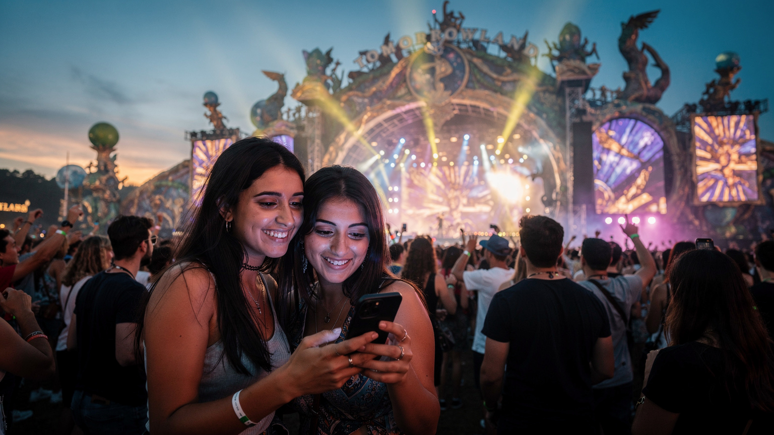 Tomorrowland'in masalsı Mainstage'i önünde, kalabalık bir grup genç müzik dinlerken, bir kız arkadaşına telefonundan video gösteren Türk genci.