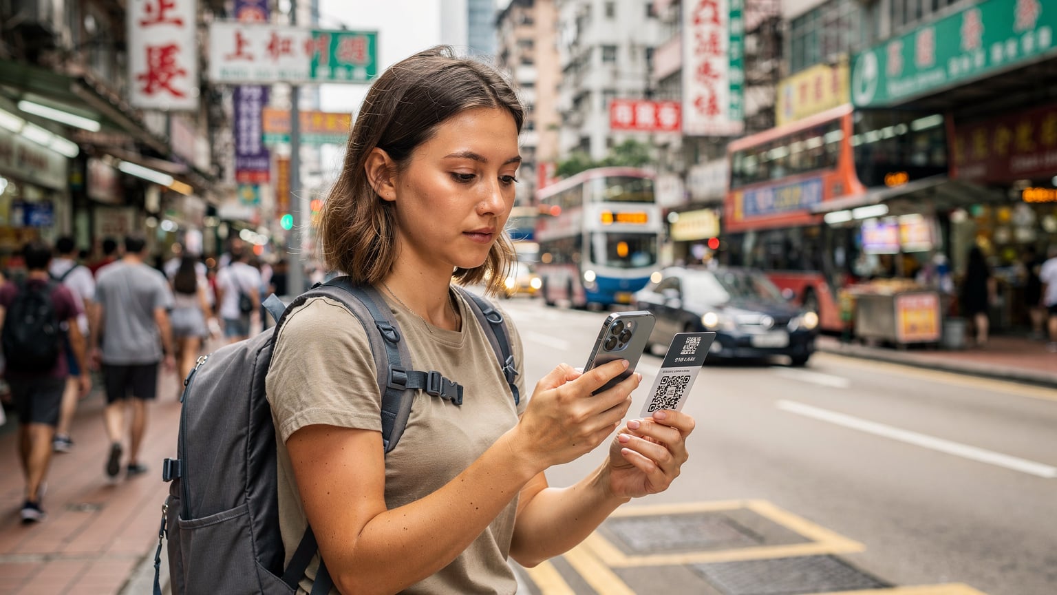 一名旅行者在香港旺角街头,手持港版iPhone 18手机,正在扫描Cellesim的eSIM激活二维码,街景充满活力。