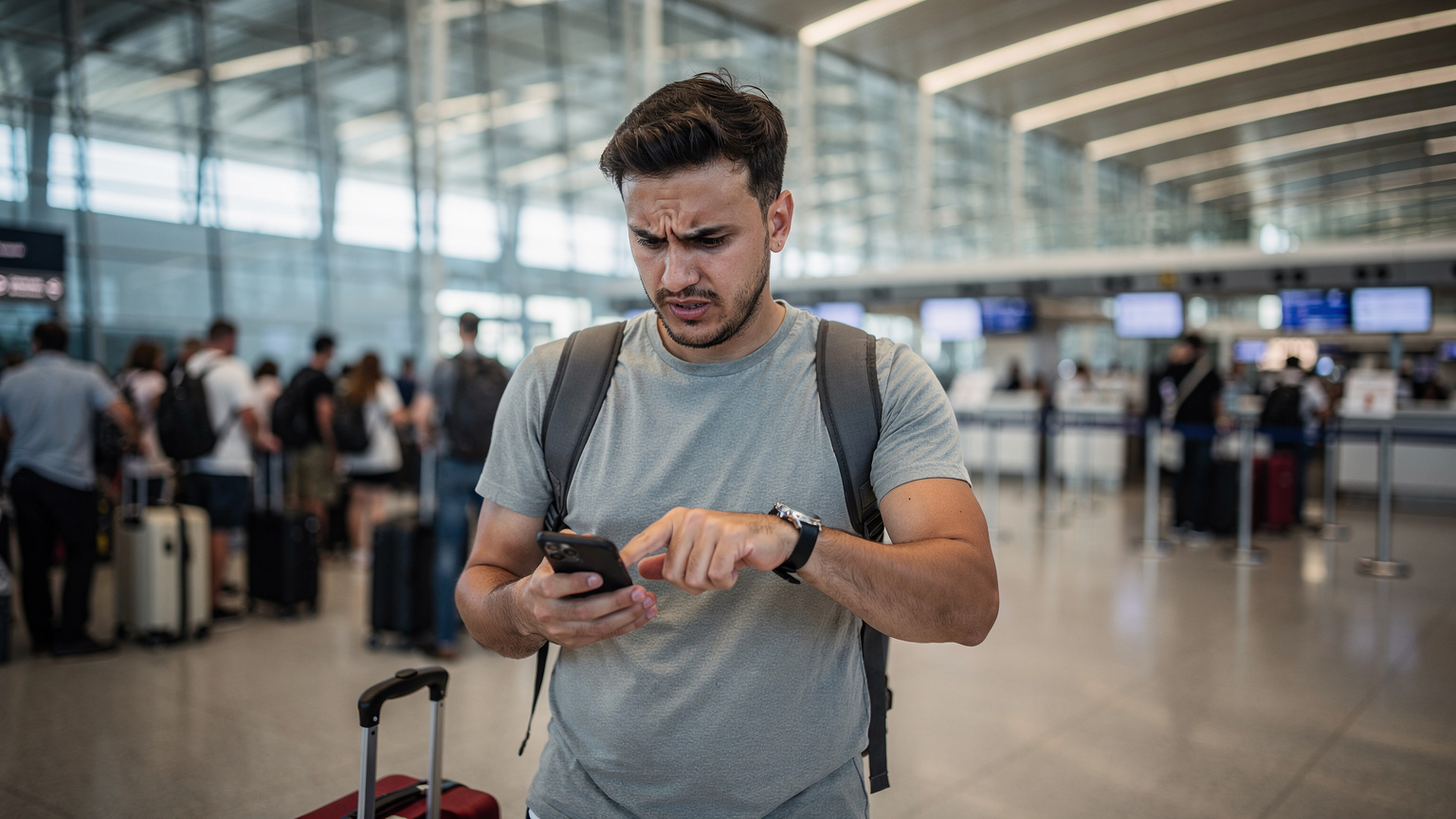 Un turista frustrato in fila all'aeroporto di Milano Malpensa, stringendo un telefono e guardando l'orologio, con l'espressione di chi è in ritardo e ha problemi con la connessione dati prima di partire per Ferragosto.