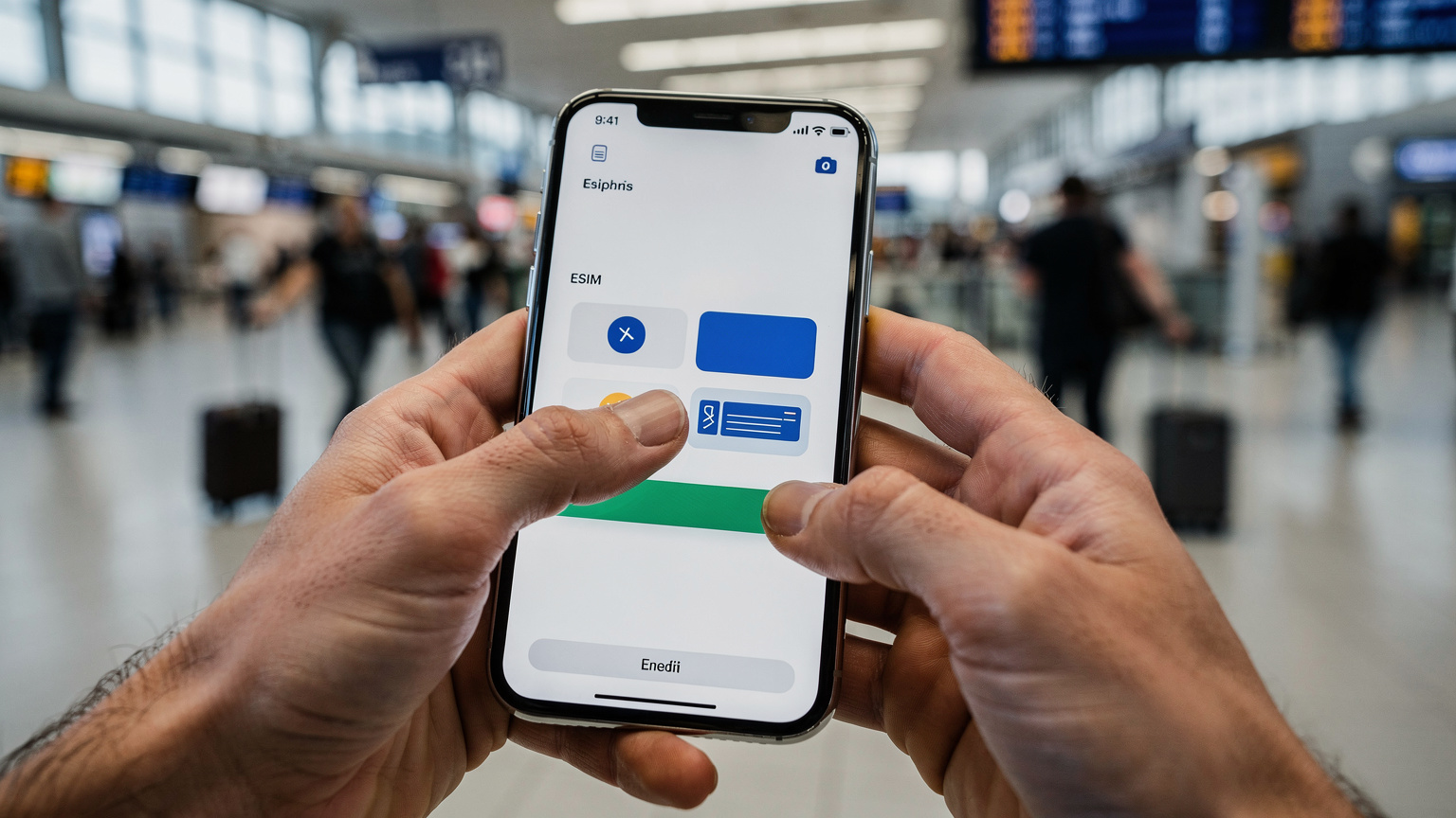 Un primo piano di mani che tengono uno smartphone moderno, mostrando un'interfaccia di attivazione eSIM semplice e pulita, con uno sfondo sfocato che suggerisce un aeroporto o una stazione dei treni affollata.