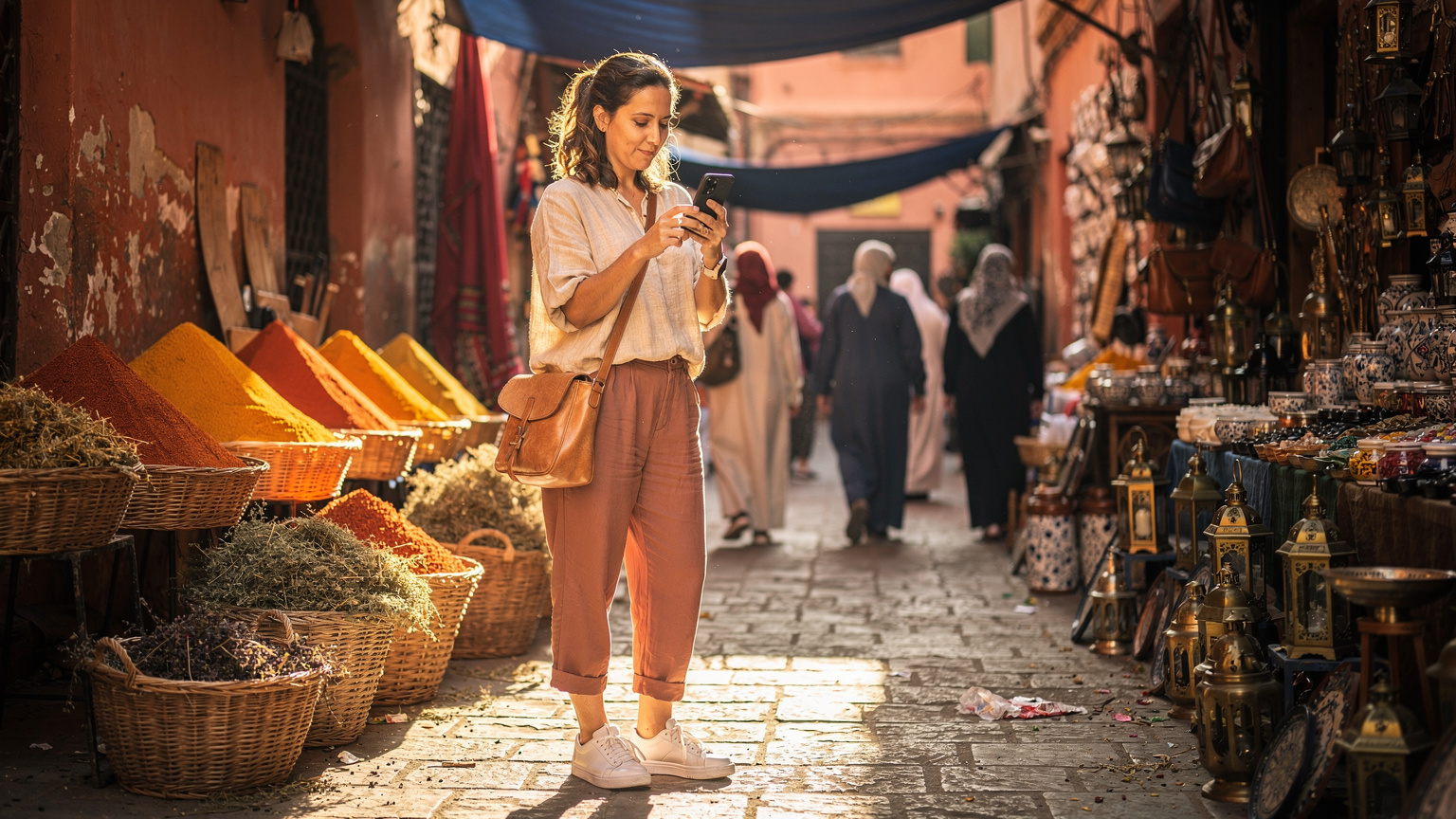 A traveler uses their phone for navigation while exploring a bustling market street in Marrakech, Morocco, with colourful stalls and local vendors in the background.