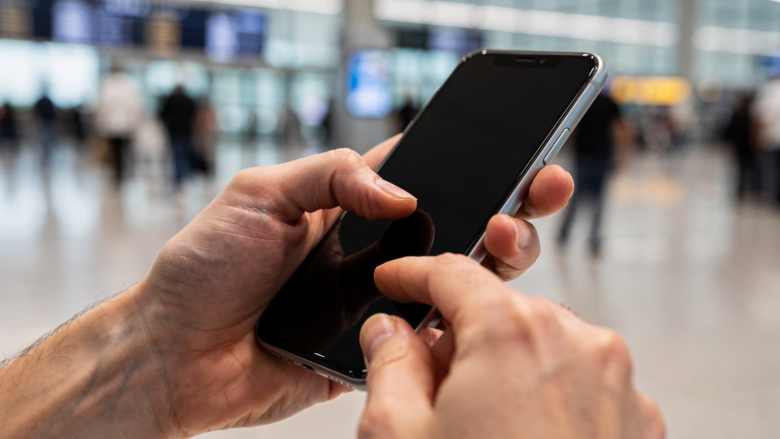 A close-up of a traveler's hands interacting with their smartphone screen, with a blurry background of a bustling airport terminal, highlighting the act of managing digital tasks on the go.