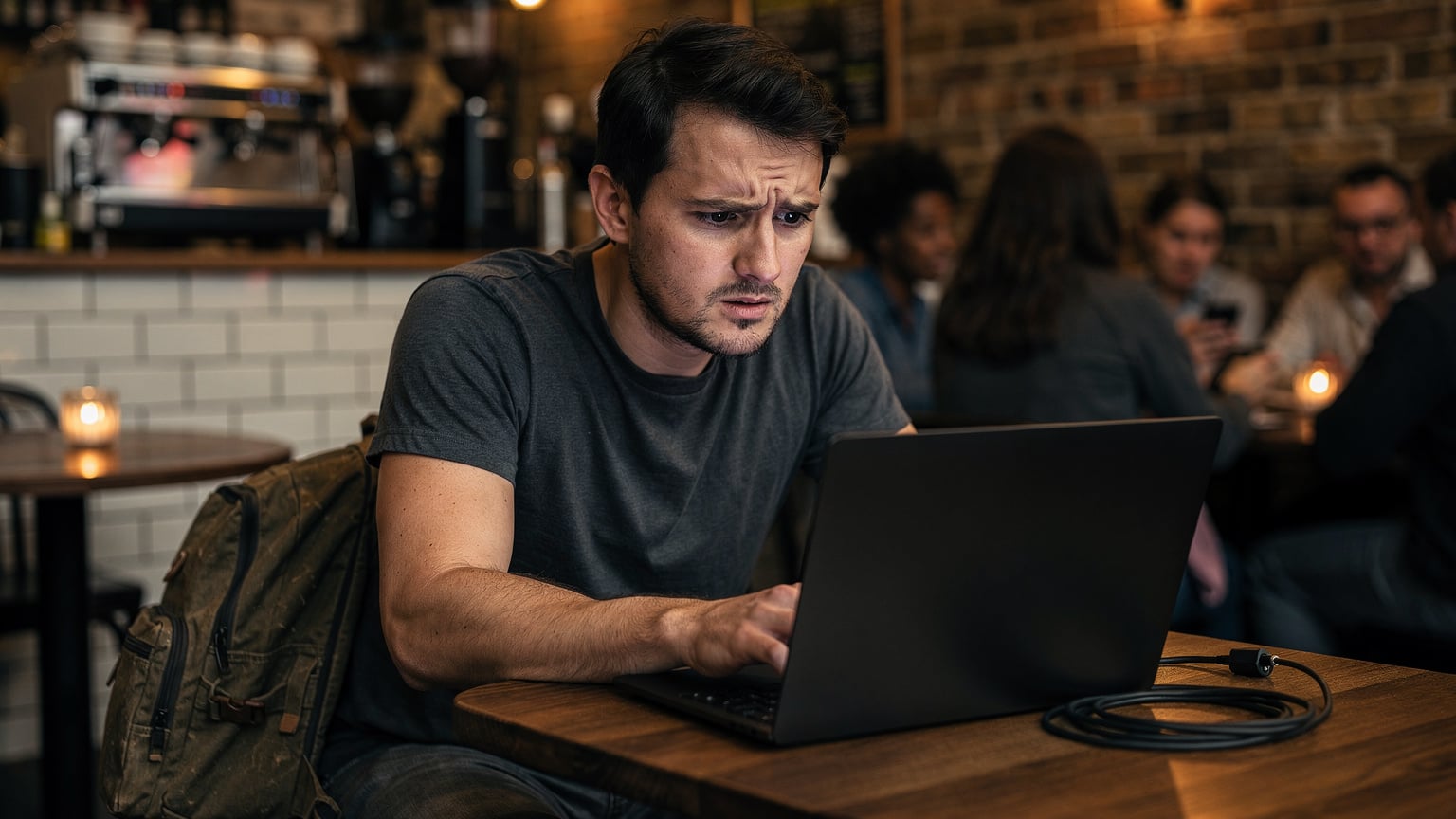Un călător român, cu un rucsac de laptop, privește cu o expresie îngândurată o pană de curent într-o cafenea aglomerată din cartierul Brixton, Londra, cu ecranul laptopului său negru și un cablu de încărcare deconectat.