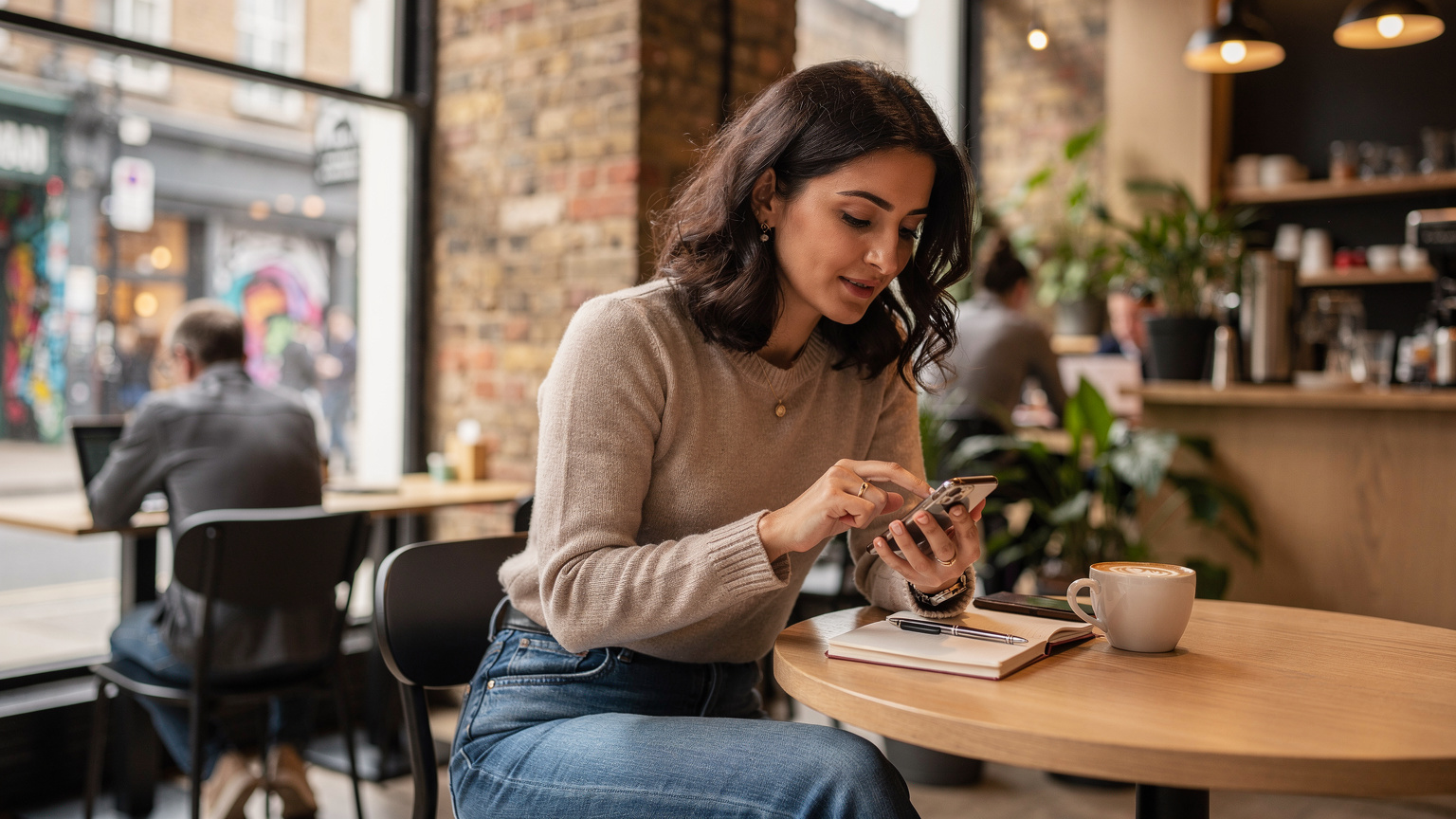 O călătoare româncă verifică lista cu planuri de date eSIM pe telefonul ei, în timp ce savurează o cafea într-o cafenea modernă și luminoasă din cartierul Shoreditch, Londra.
