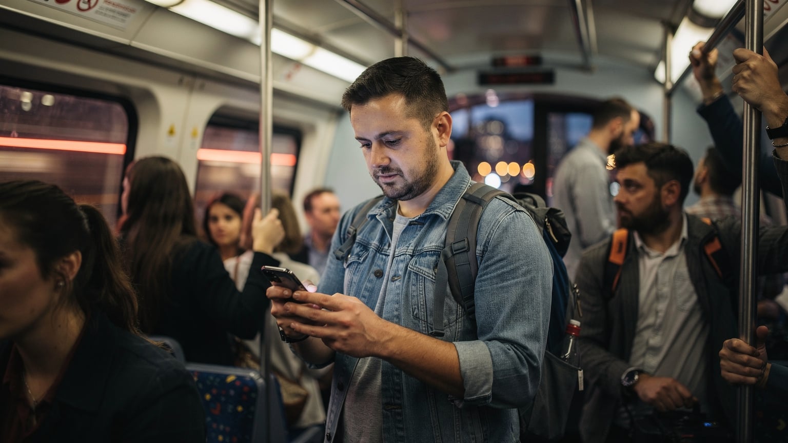 Un călător român, cu un ghiozdan, stă într-un tren londonez aglomerat, consultându-și telefonul mobil cu o expresie ușor frustrată, în timp ce încearcă să se conecteze la internet, cu luminile orașului strălucind prin fereastră.