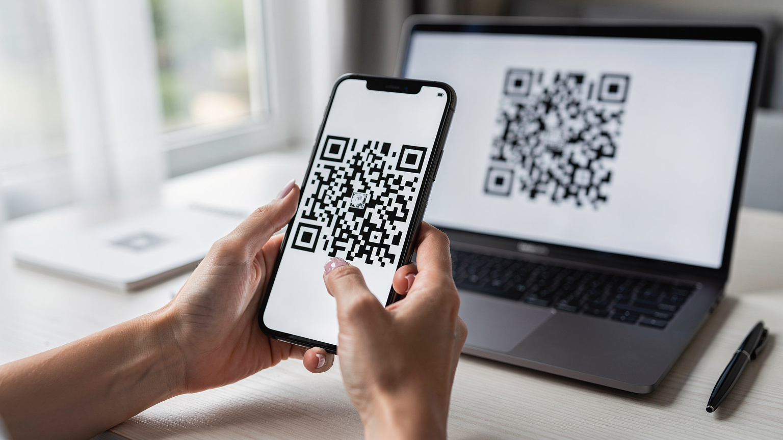 Mani de femeie scanează un cod QR de pe un laptop cu ecranul telefonului mobil, într-un birou de acasă ordonat, cu lumină naturală blândă.