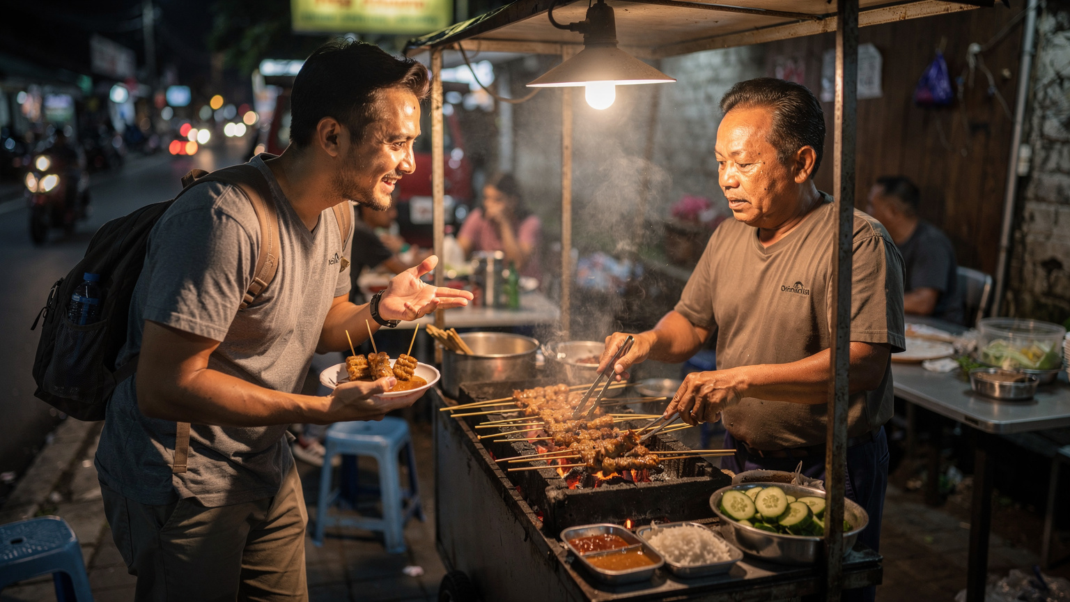 Seorang turis asing sedang tersenyum ramah kepada penjual makanan jalanan di sebuah warung sate kaki lima di Yogyakarta, menunjukkan interaksi budaya yang hangat.