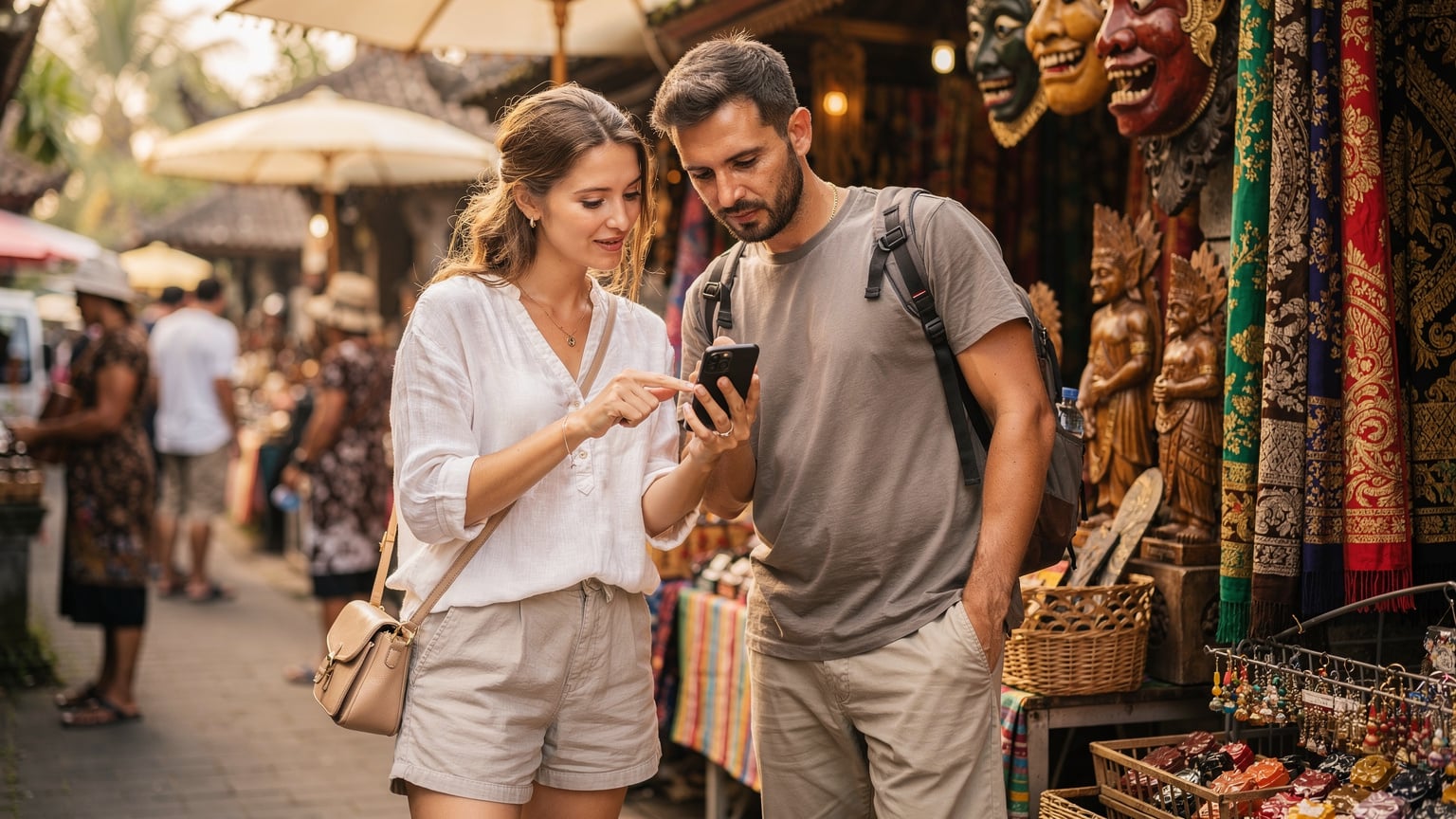Seorang turis asing perempuan sedang menunjuk peta digital di ponselnya kepada teman perjalanannya di tengah keramaian pasar seni tradisional di Ubud, Bali.