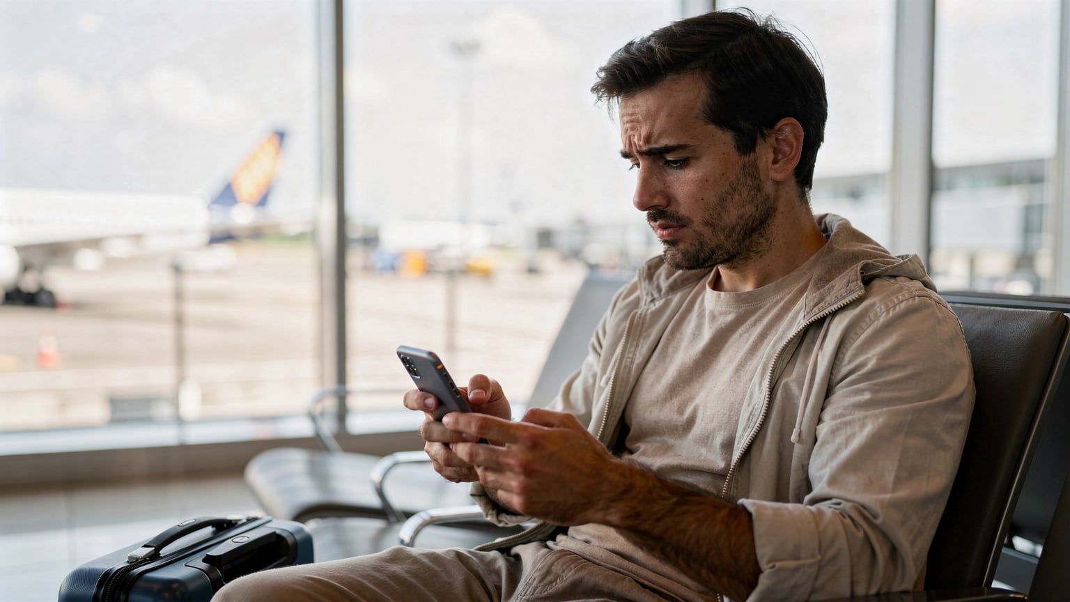 Seorang turis asing sedang memegang smartphone dan melihat layar dengan ekspresi sedikit bingung saat mencoba mengaktifkan eSIM di area tunggu Bandara Internasional Ngurah Rai, Bali.