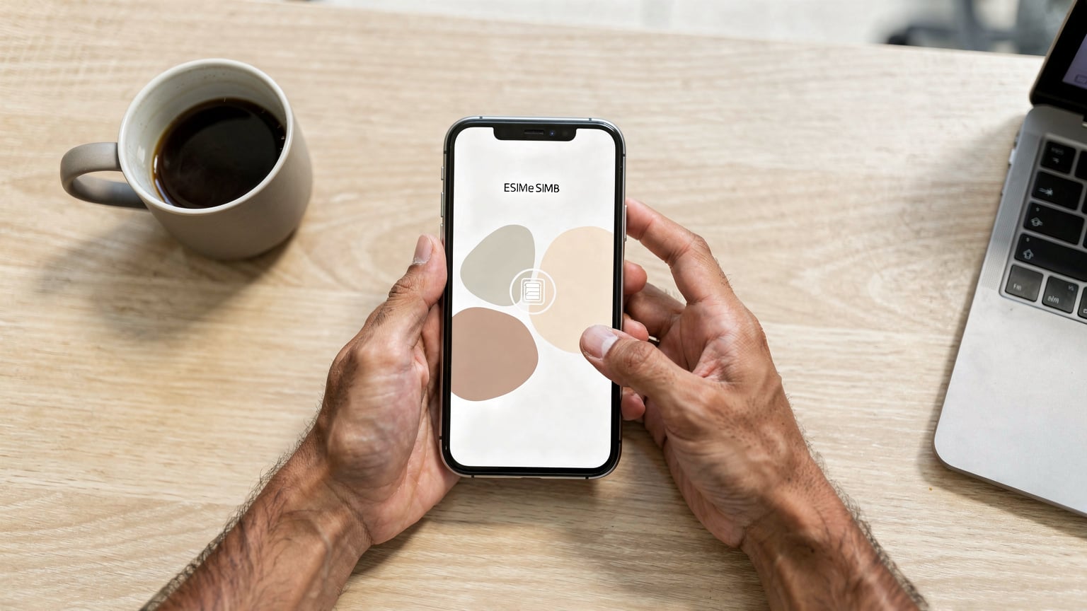Tangan seorang digital nomad sedang memegang smartphone dengan aplikasi eSIM terbuka, ditemani secangkir kopi, di meja kerja sebuah co-working space modern di kawasan Kuningan, Jakarta.