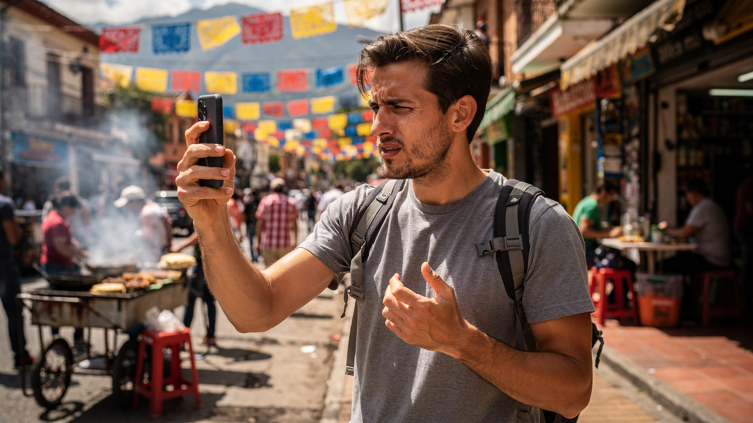 Un viajero frustrado mira su teléfono en una calle concurrida de Medellín, Colombia, indicando un problema de conexión durante las Fiestas Patrias.