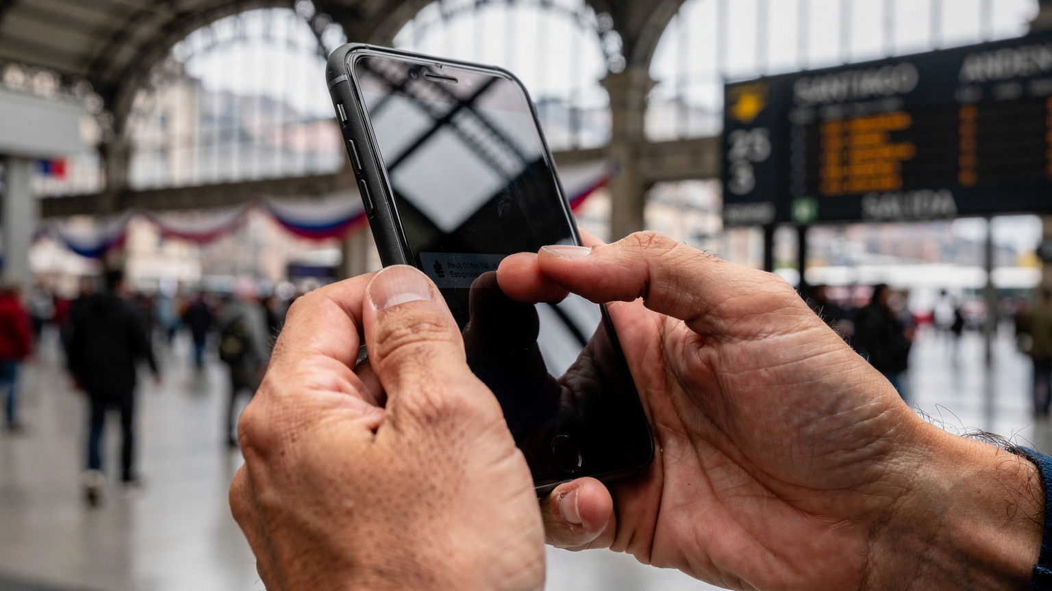 Manos de un viajero utilizando su teléfono para comprar un billete de autobús en la Estación Central de Santiago, Chile, durante las Fiestas Patrias.